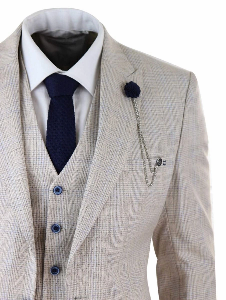 Mens 3 Piece Cream Check Tweed Herringbone Vintage Classic Suit