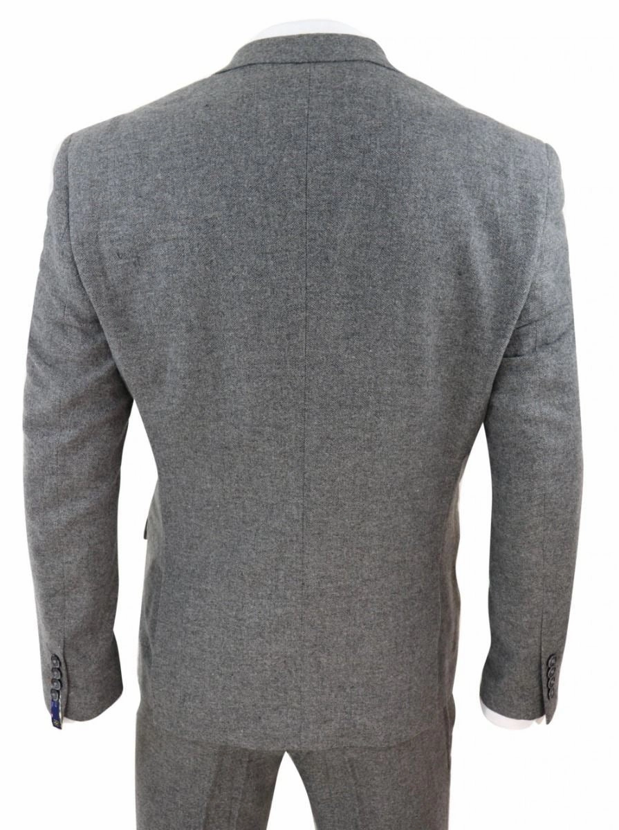 Mens 3 Piece Dark Grey Herringbone Wool Tweed Retro Suit
