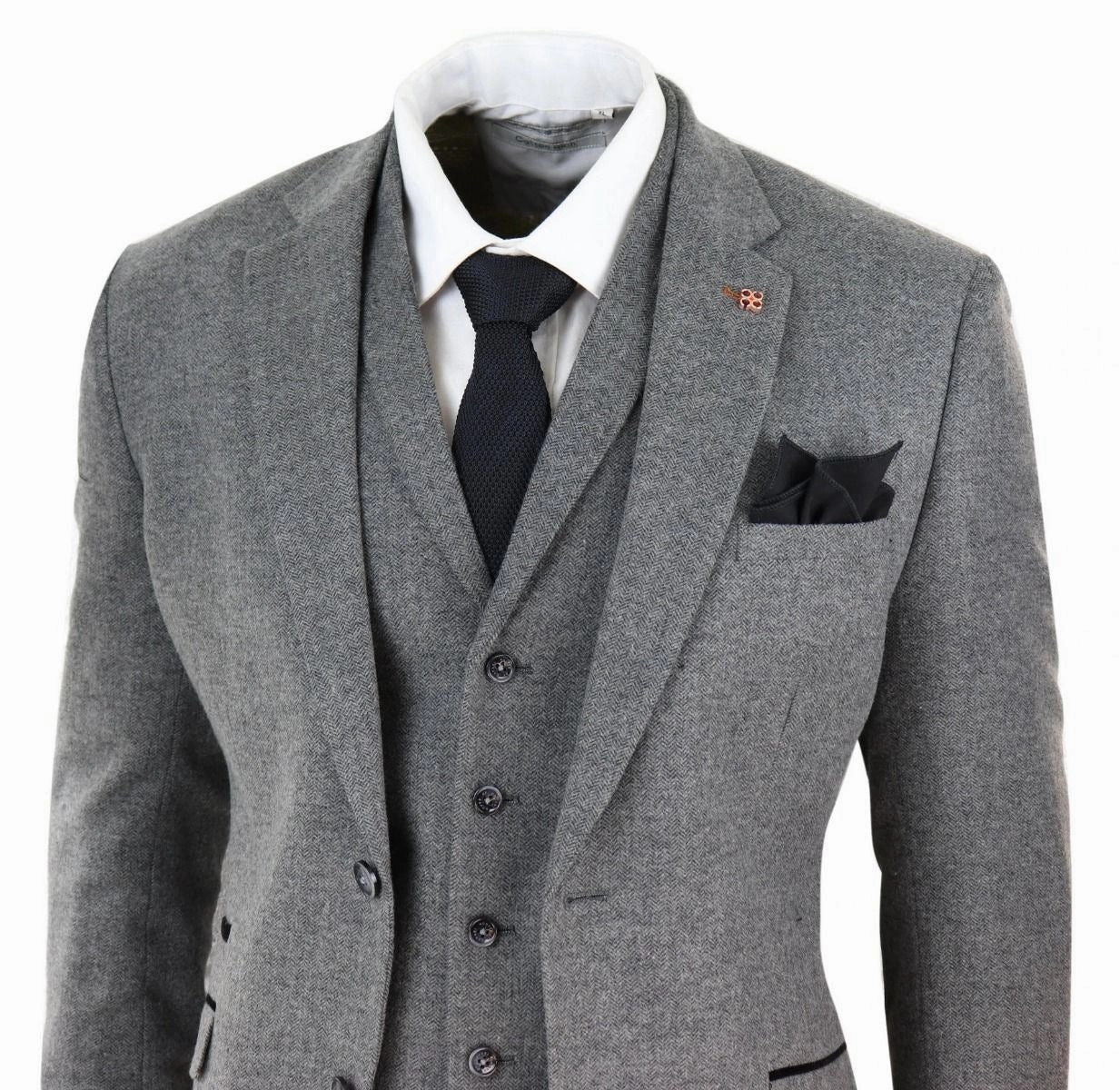 Mens 3 Piece Dark Grey Herringbone Wool Tweed Retro Suit