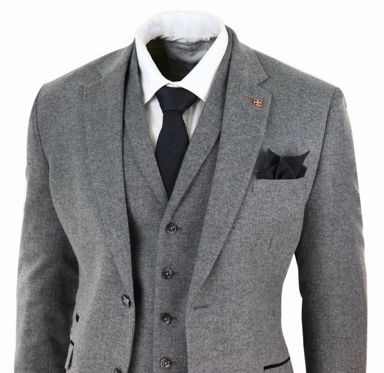 Mens 3 Piece Dark Grey Herringbone Wool Tweed Retro Suit