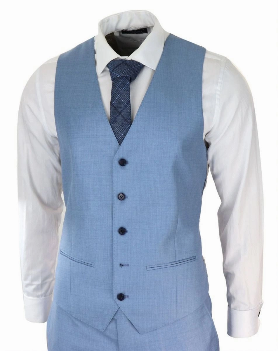 Mens 3 Piece Light Blue Classic Stitch Retro Suit