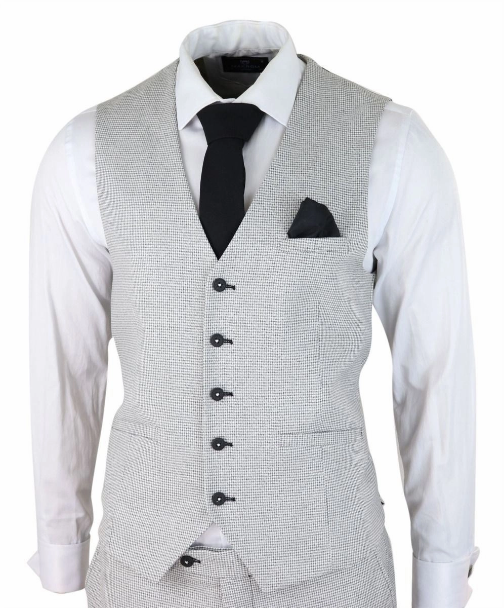 Mens 3 Piece Light Grey Check Tweed Retro Classic Suit