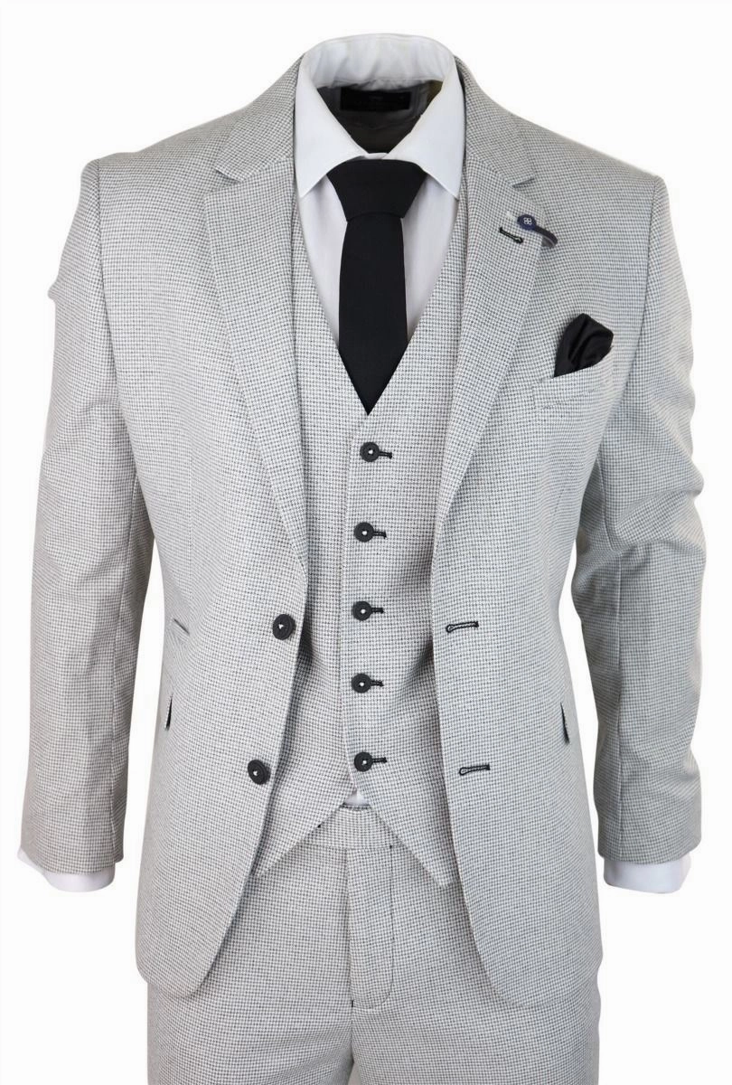 Mens 3 Piece Light Grey Check Tweed Retro Classic Suit