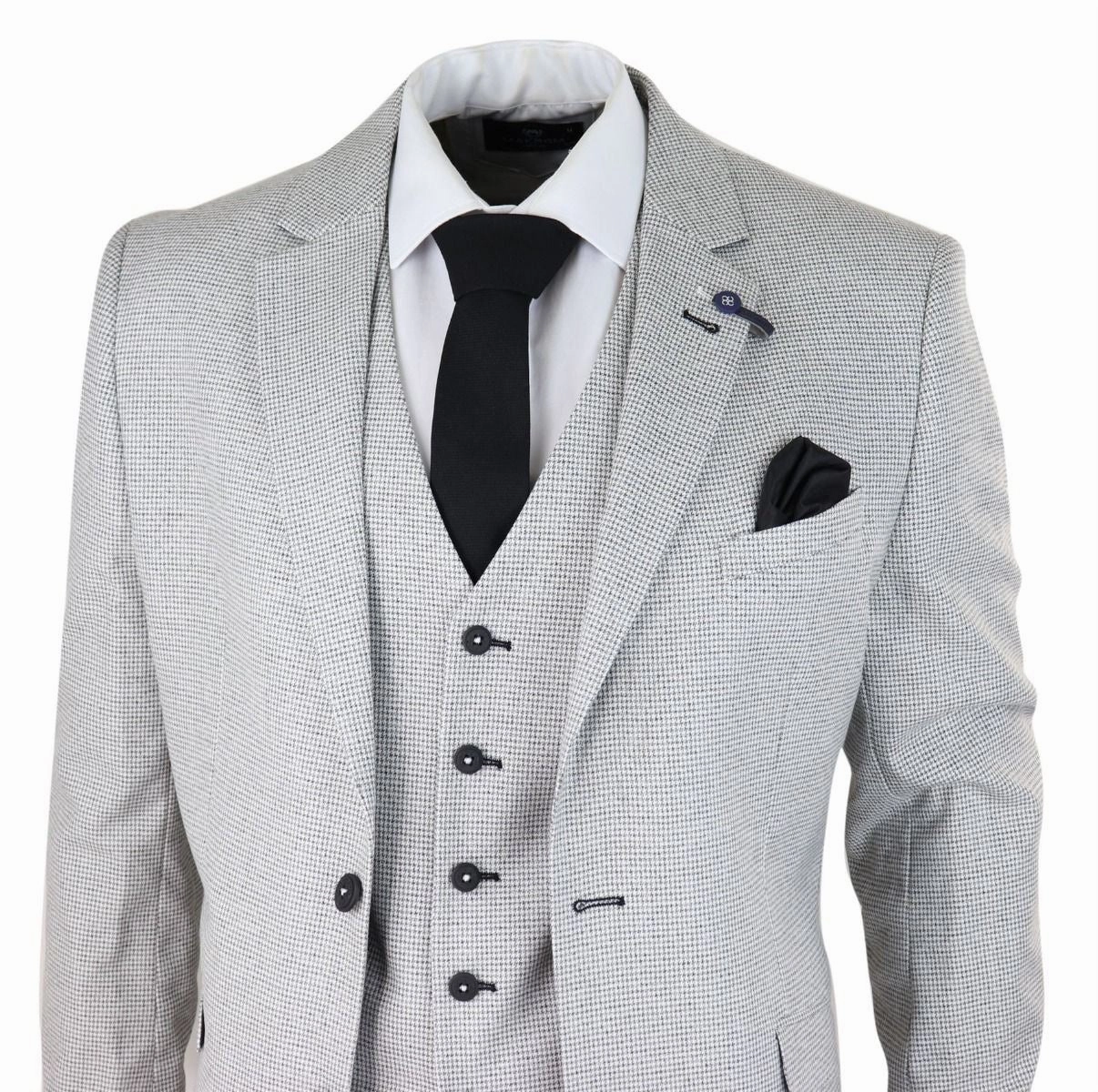 Mens 3 Piece Light Grey Check Tweed Retro Classic Suit