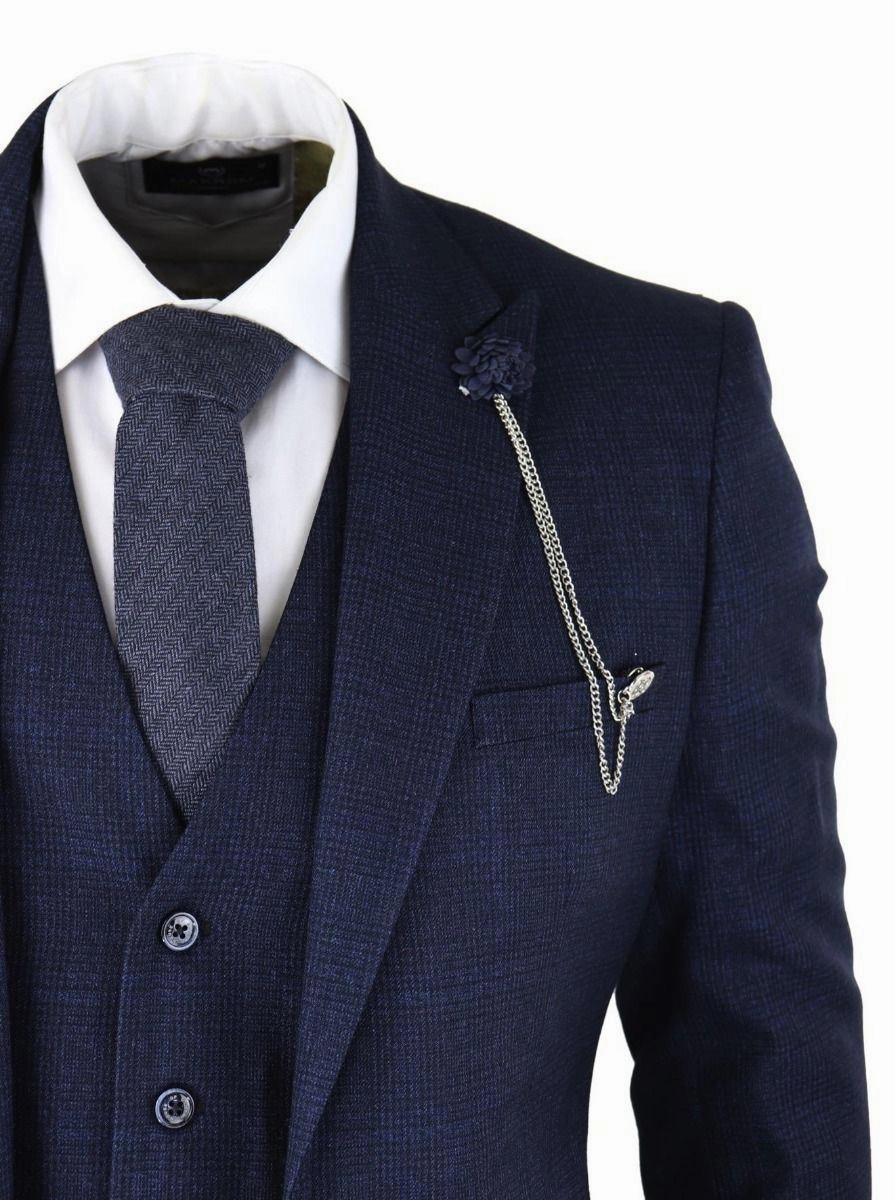 Mens 3 Piece Navy Blue Check Tweed Retro Classic Suit