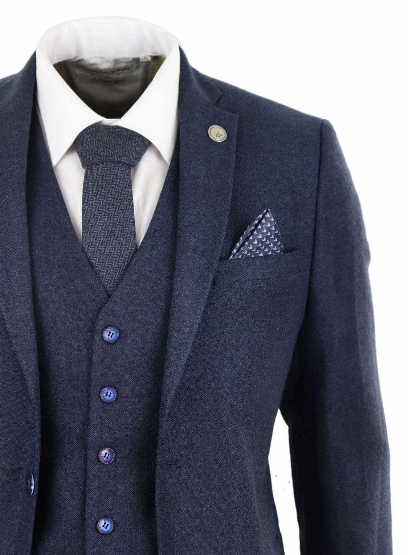 Mens 3 Piece Navy Blue Wool Tweed Vintage Retro Suit