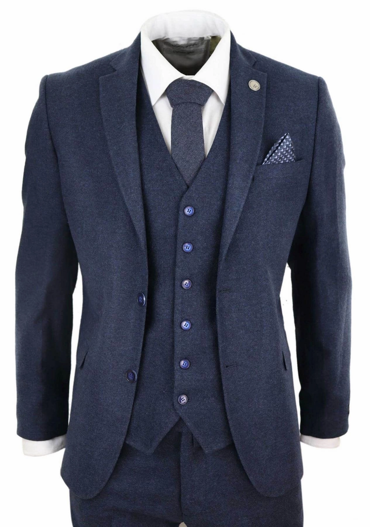 Mens 3 Piece Navy Blue Wool Tweed Vintage Retro Suit