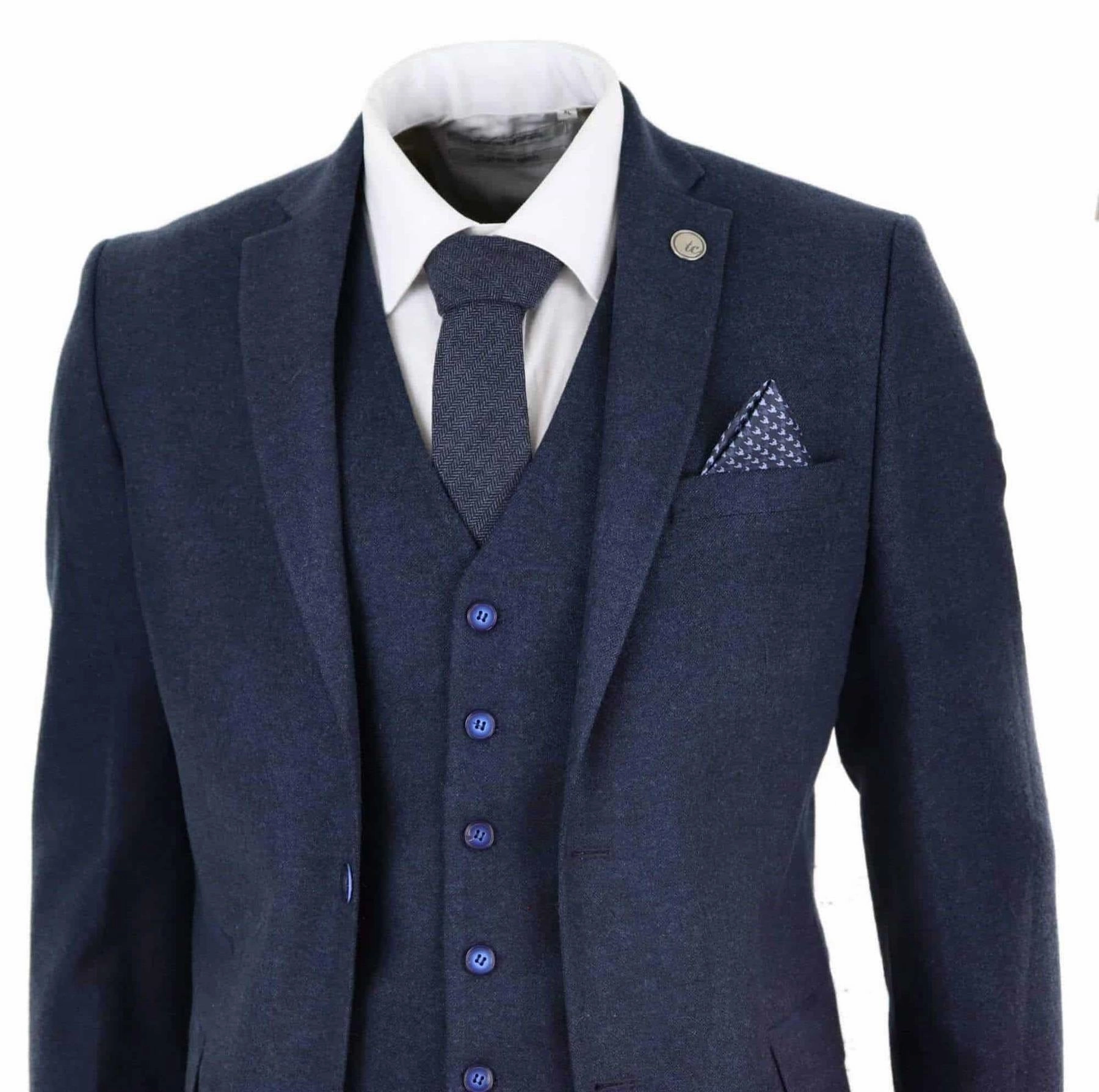Mens 3 Piece Navy Blue Wool Tweed Vintage Retro Suit