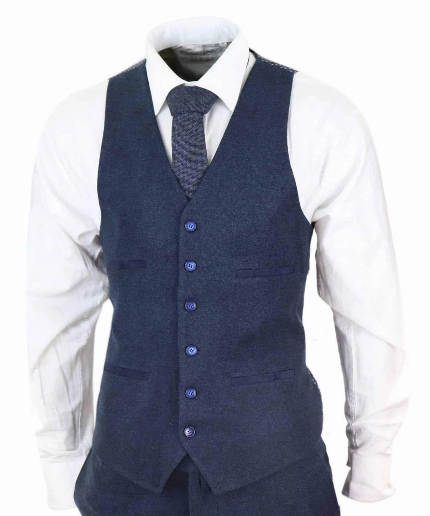 Mens 3 Piece Navy Blue Wool Tweed Vintage Retro Suit