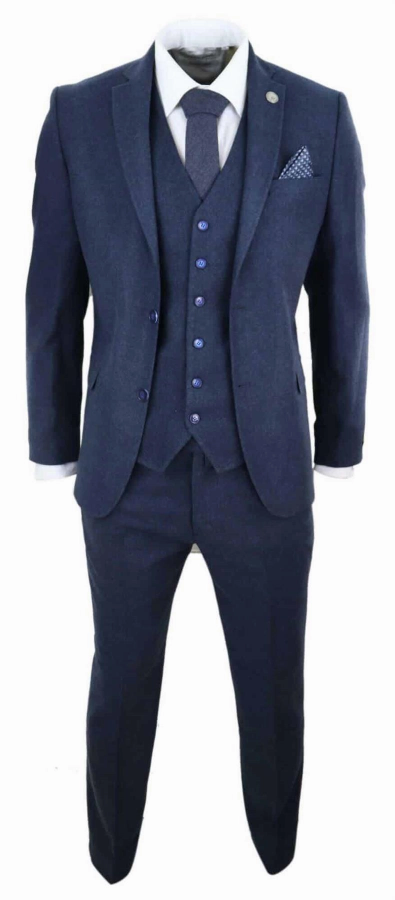 Mens 3 Piece Navy Blue Wool Tweed Vintage Retro Suit