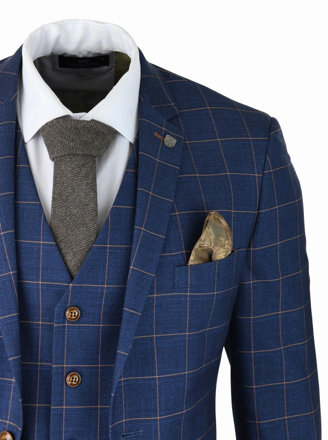 Mens 3 Piece Suit Blue Gold Check Peaky Blinders 1920 Gatsby Smart Vintage Suit
