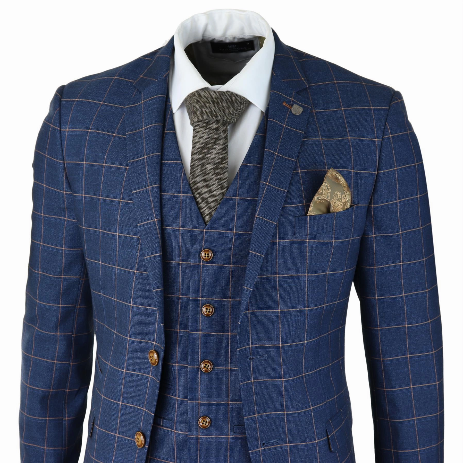 Mens 3 Piece Suit Blue Gold Check Peaky Blinders 1920 Gatsby Smart Vintage Suit
