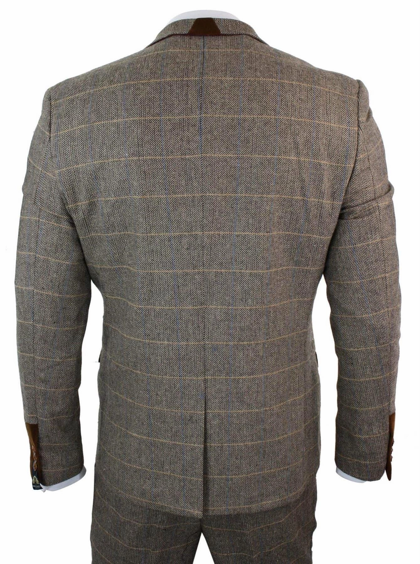 Mens 3 Piece Tan Herringbone Tweed Check Suit
