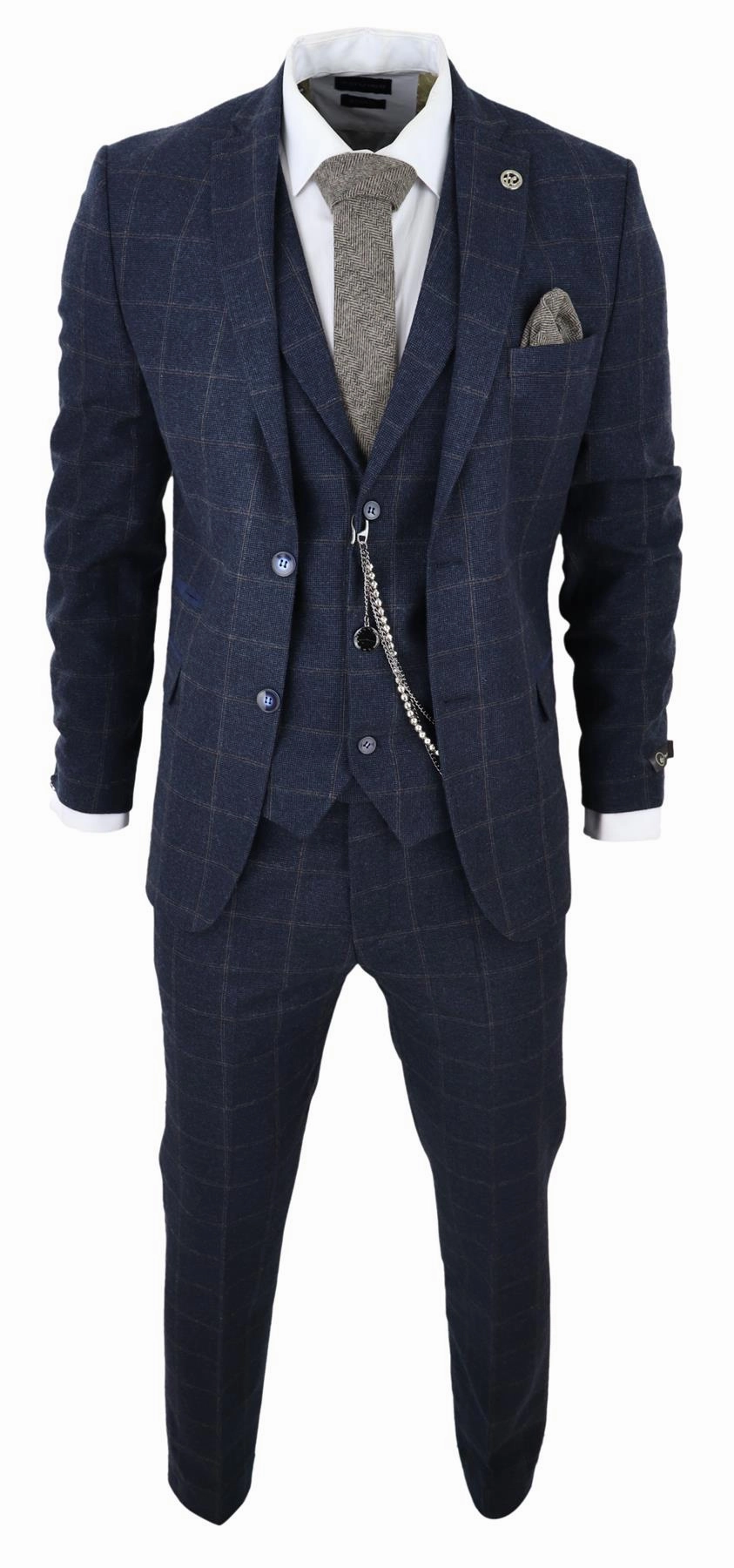Mens 3 Piece Wool Suit Navy Blue Tweed Check Peaky Blinders 1920 Gatsby Formal