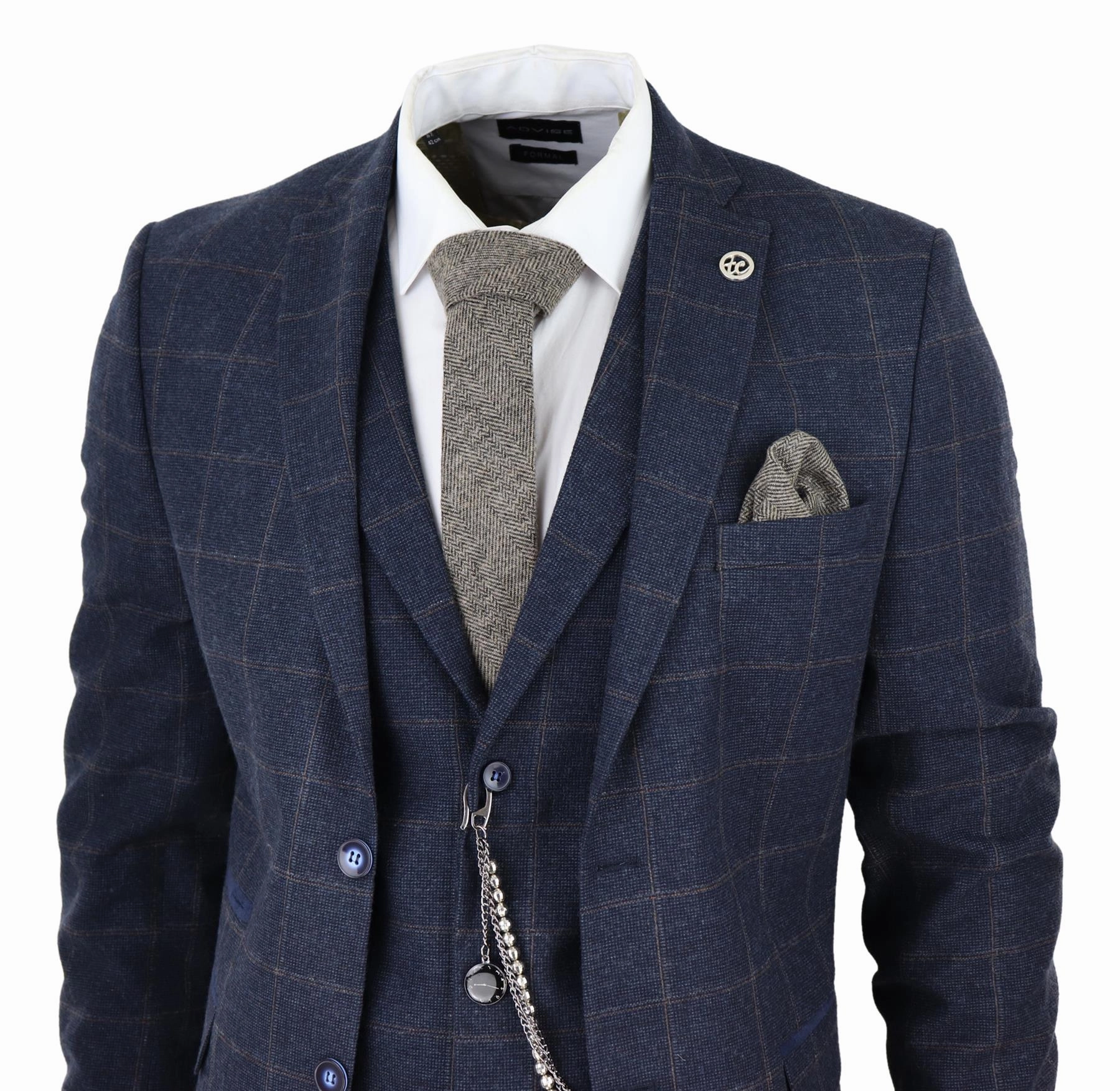 Mens 3 Piece Wool Suit Navy Blue Tweed Check Peaky Blinders 1920 Gatsby Formal