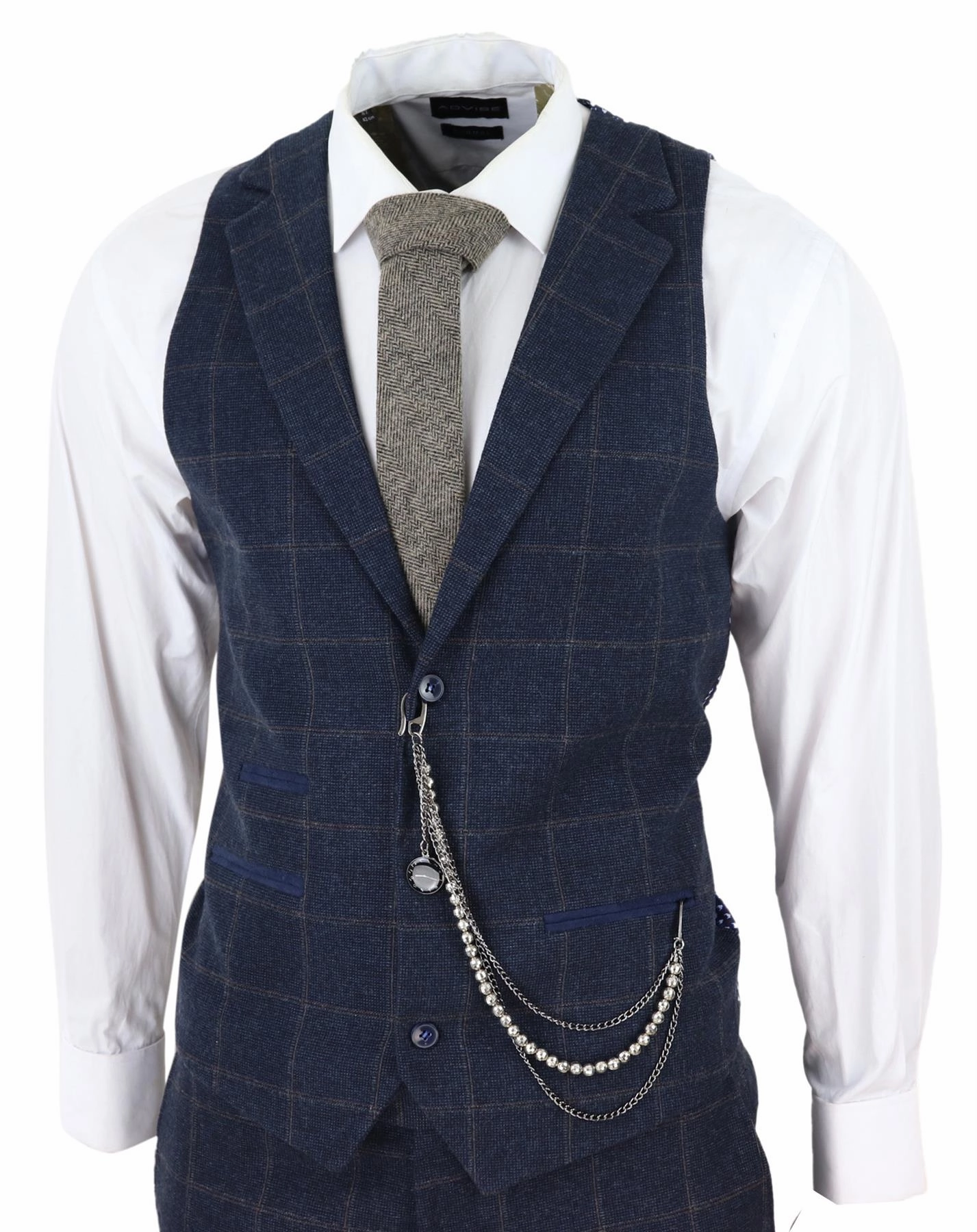Mens 3 Piece Wool Suit Navy Blue Tweed Check Peaky Blinders 1920 Gatsby Formal
