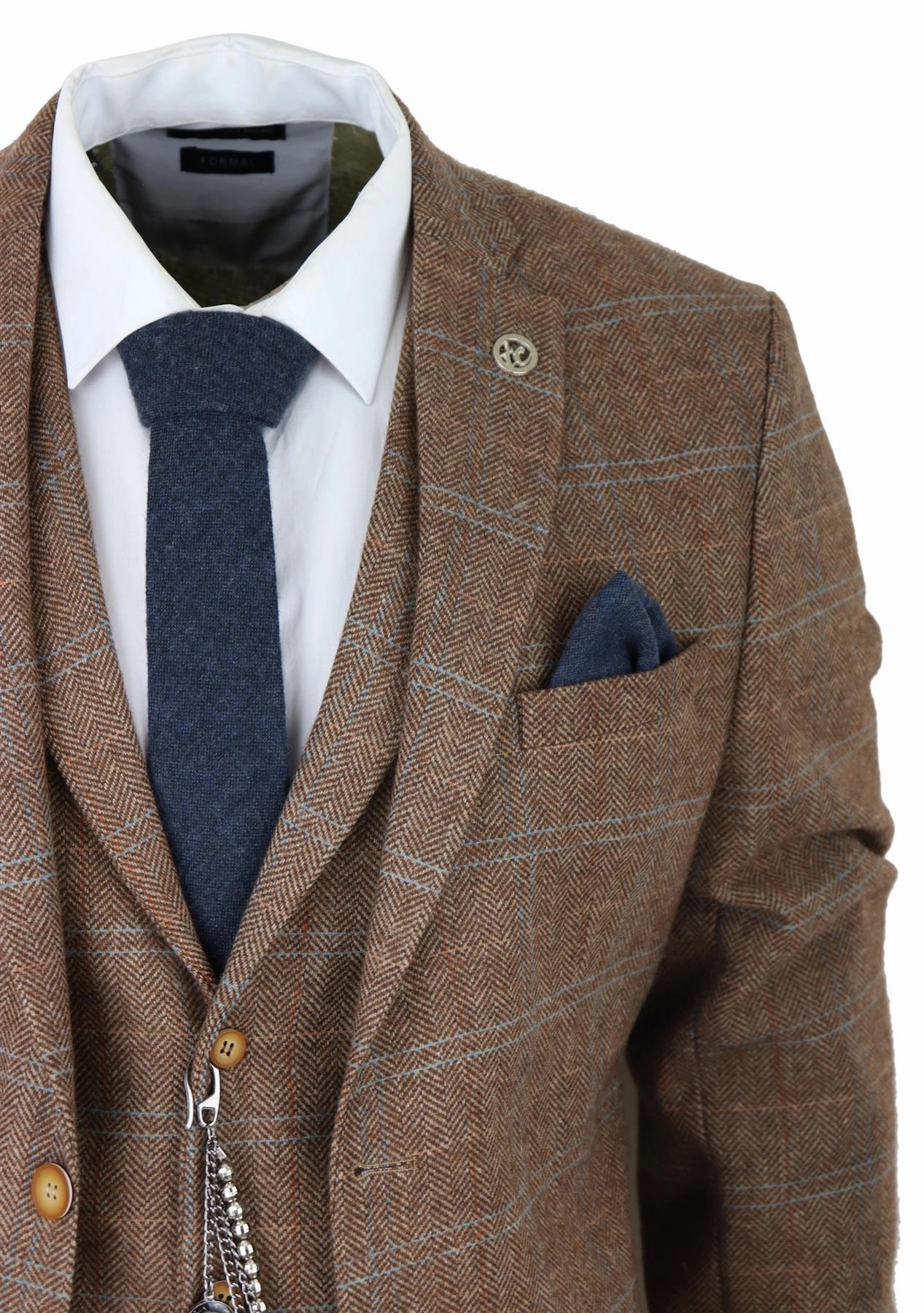 Mens 3 Piece Wool Suit Oak Brown Tweed Herringbone Check Peaky Blinders Gatsby