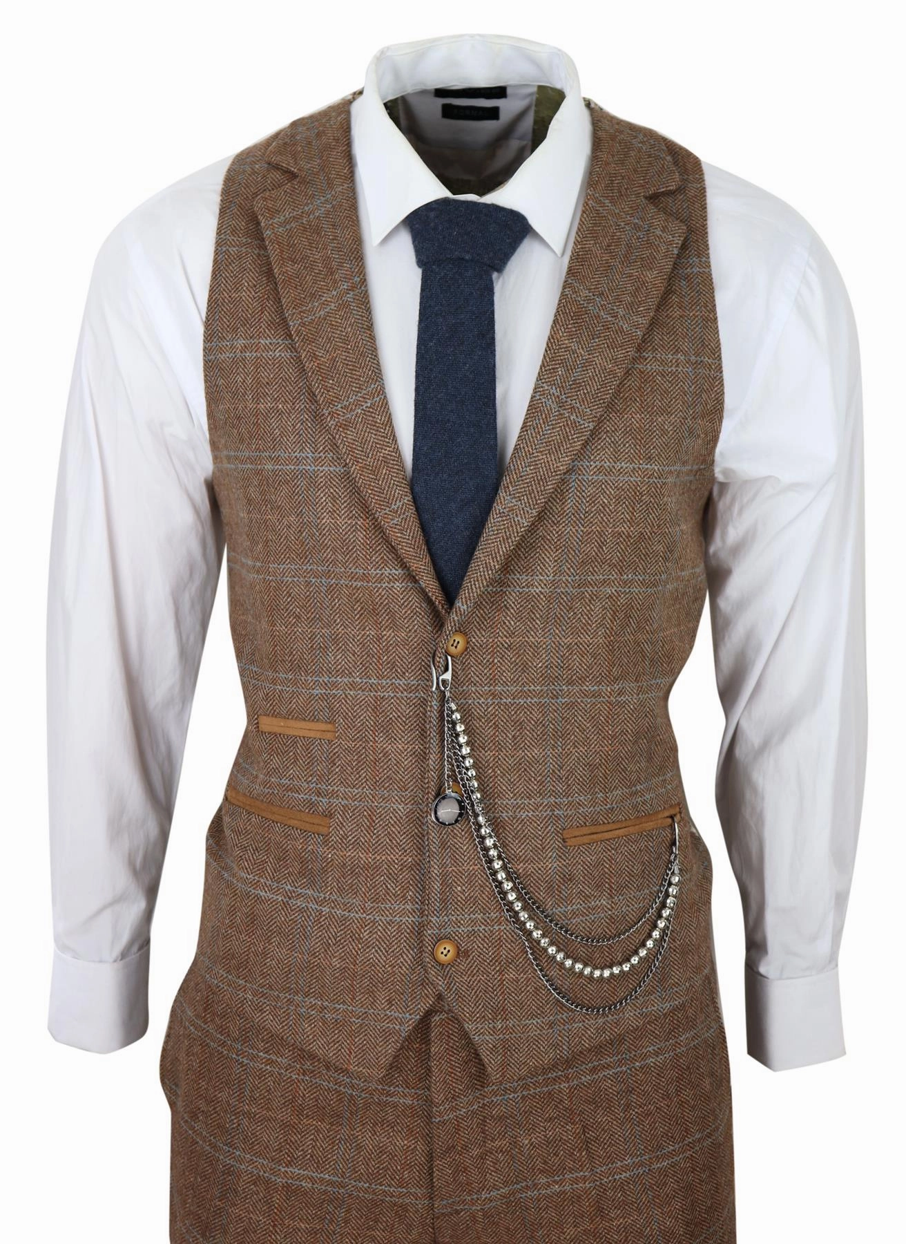 Mens 3 Piece Wool Suit Oak Brown Tweed Herringbone Check Peaky Blinders Gatsby