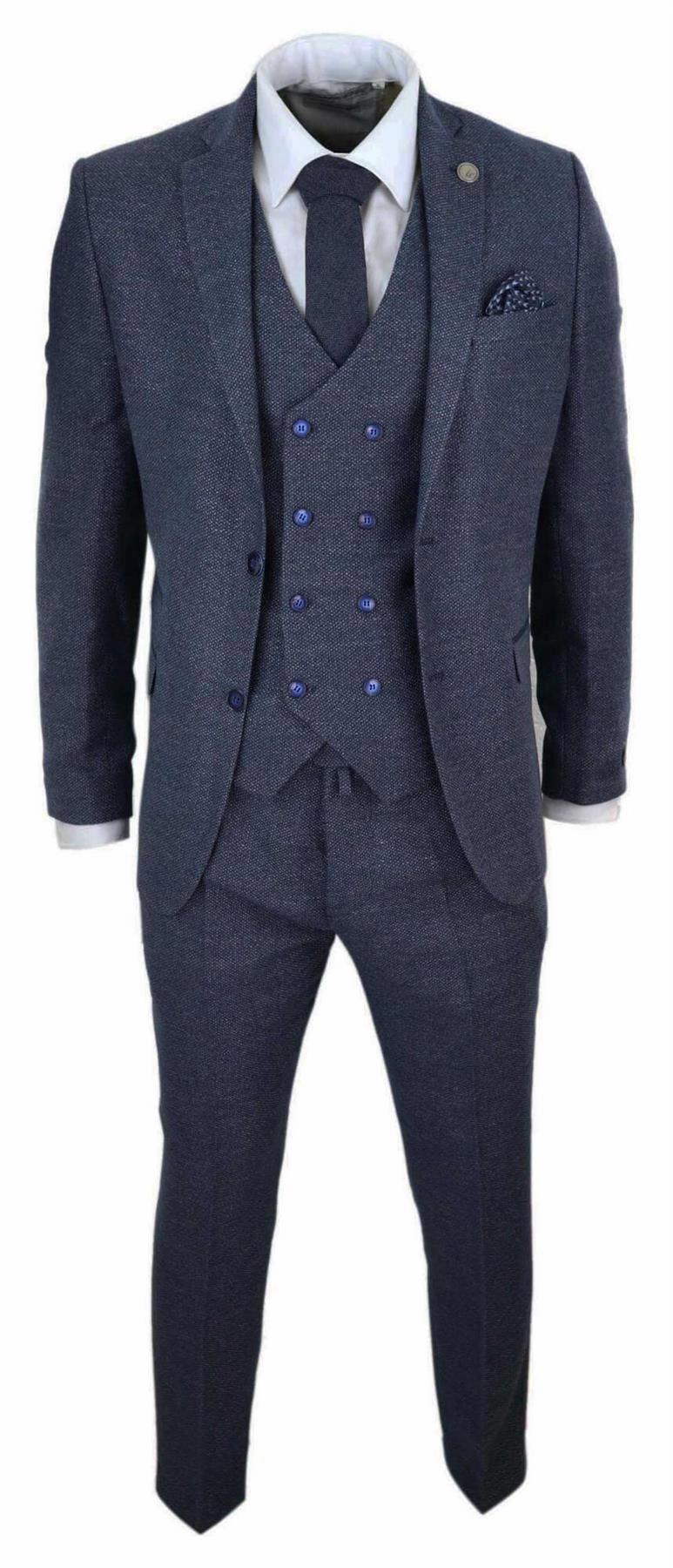 Mens Blue Wool 3 Piece Suit Double Breasted Waistcoat Tweed Peaky Blinders 1920s