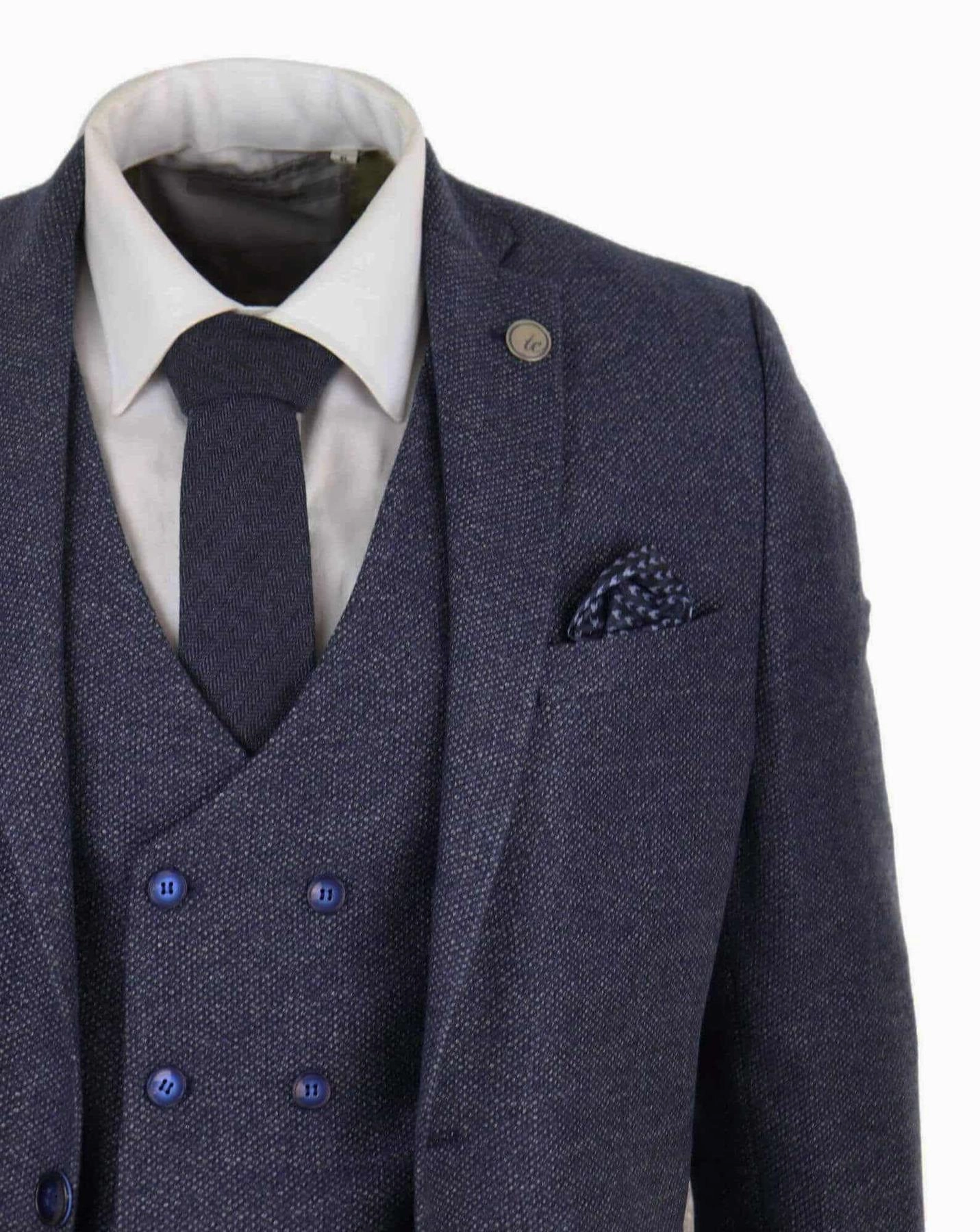 Mens Blue Wool 3 Piece Suit Double Breasted Waistcoat Tweed Peaky Blinders 1920s