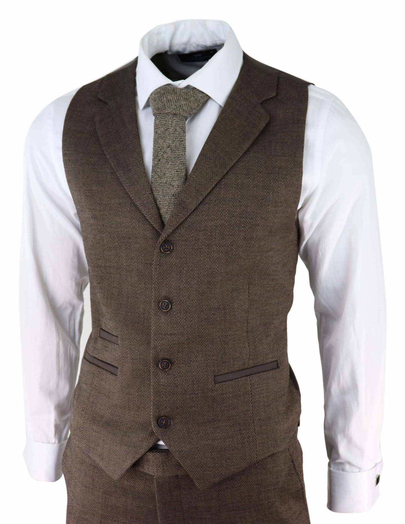 Mens Brown 3 Piece Tweed Herringbone Suit Peaky Blinders Classic Tailored