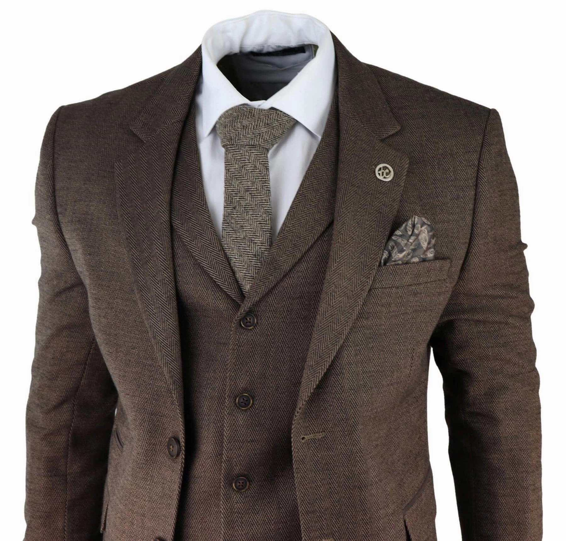 Mens Brown 3 Piece Tweed Herringbone Suit Peaky Blinders Classic Tailored