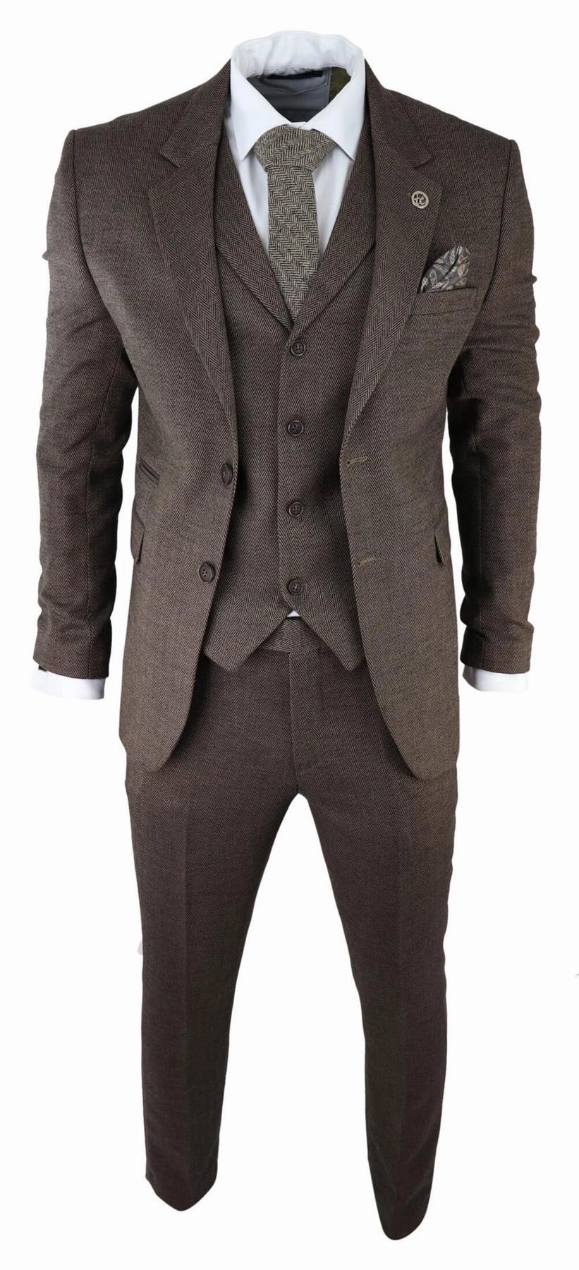 Mens Brown 3 Piece Tweed Herringbone Suit Peaky Blinders Classic Tailored