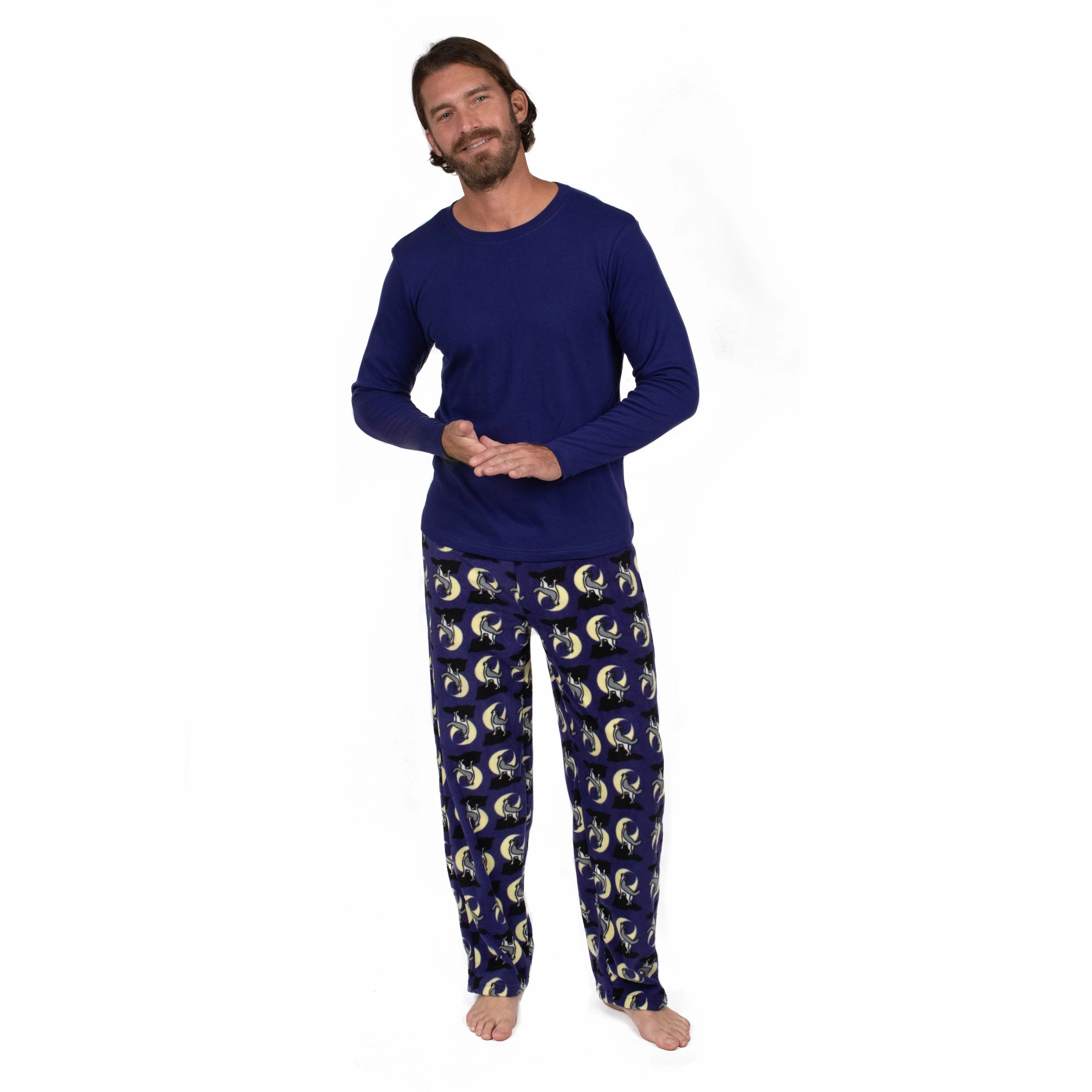 Mens Cotton Top and Fleece Pant Pajamas Wolf