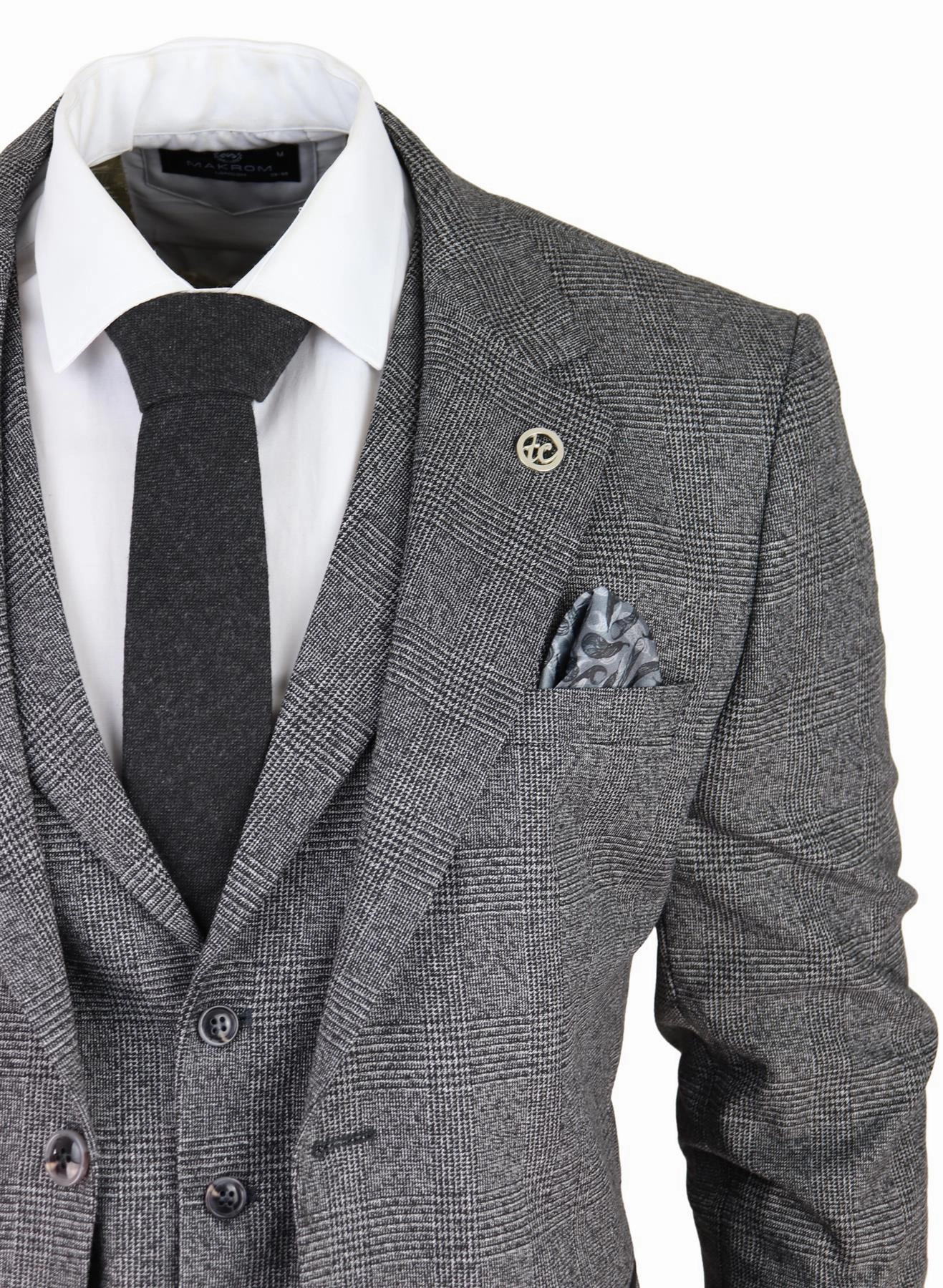 Mens Grey 3 Piece Suit Prince of Wales Check Classic Tailored Fit Wedding Suit