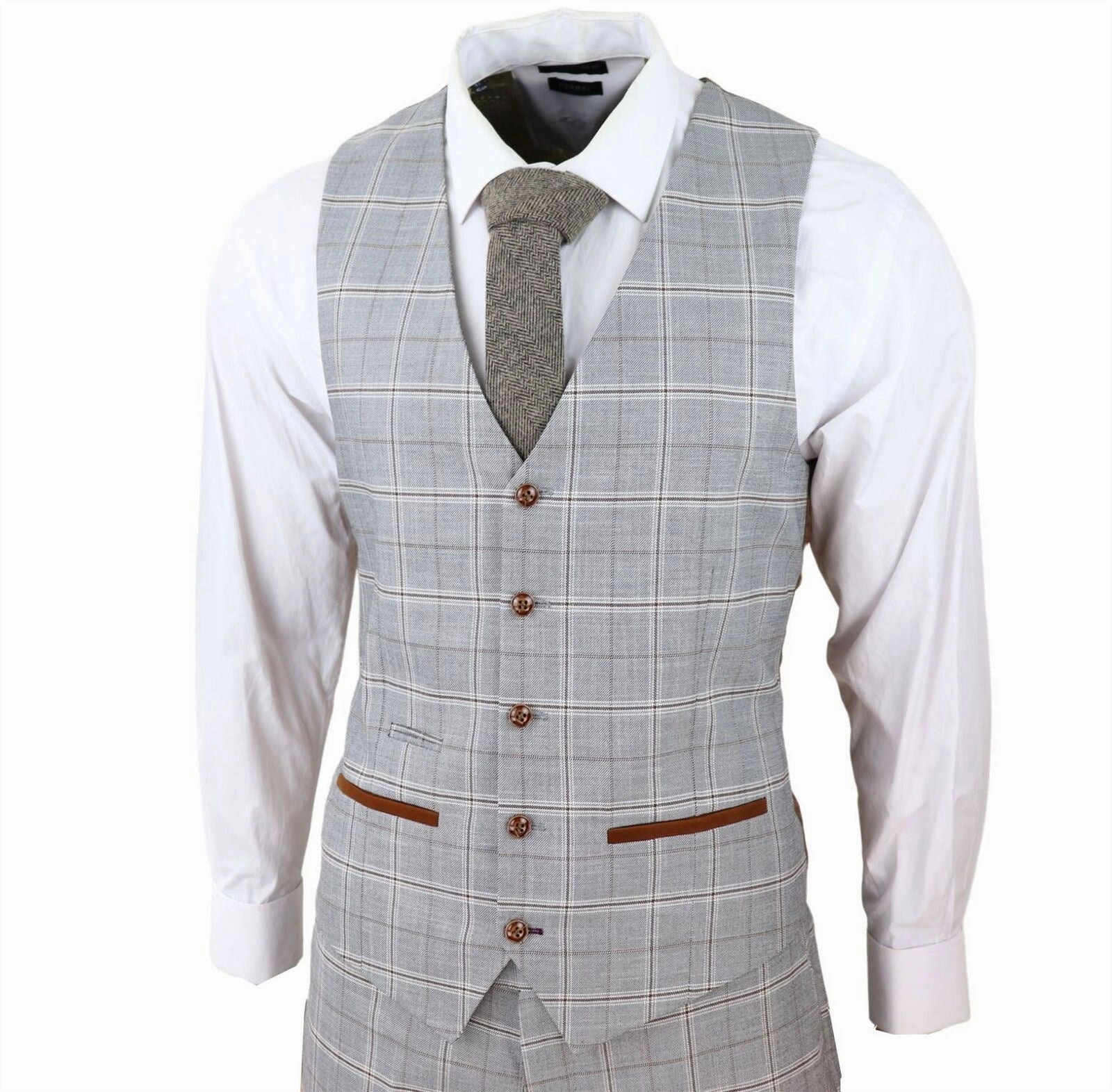 Mens Light Grey 3 Piece Velvet Trims Tailored Fit Suit