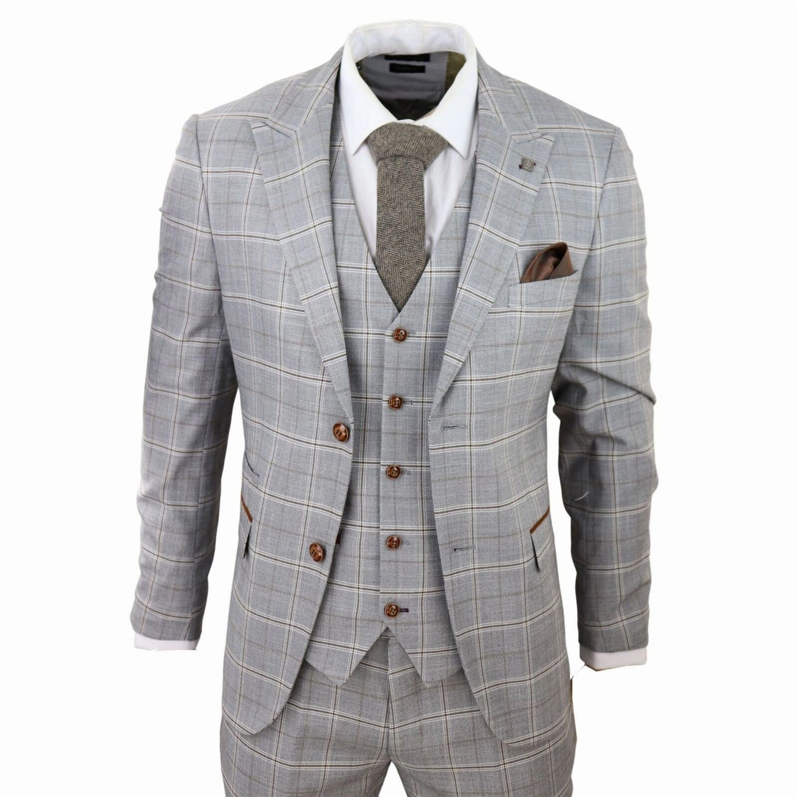 Mens Light Grey 3 Piece Velvet Trims Tailored Fit Suit