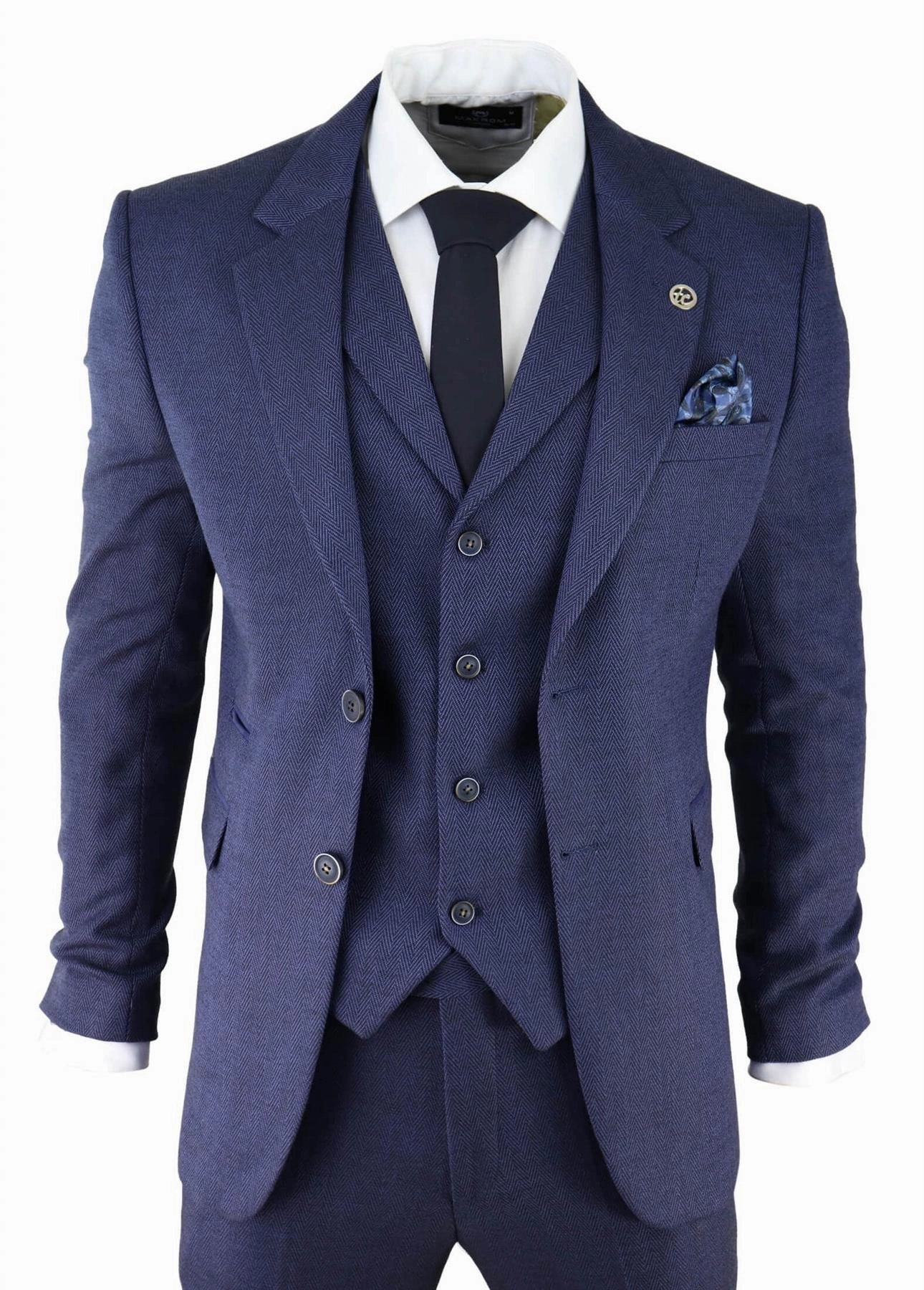 Mens Navy Blue 3 Piece Tweed Herringbone Suit Peaky Blinders Classic Tailored