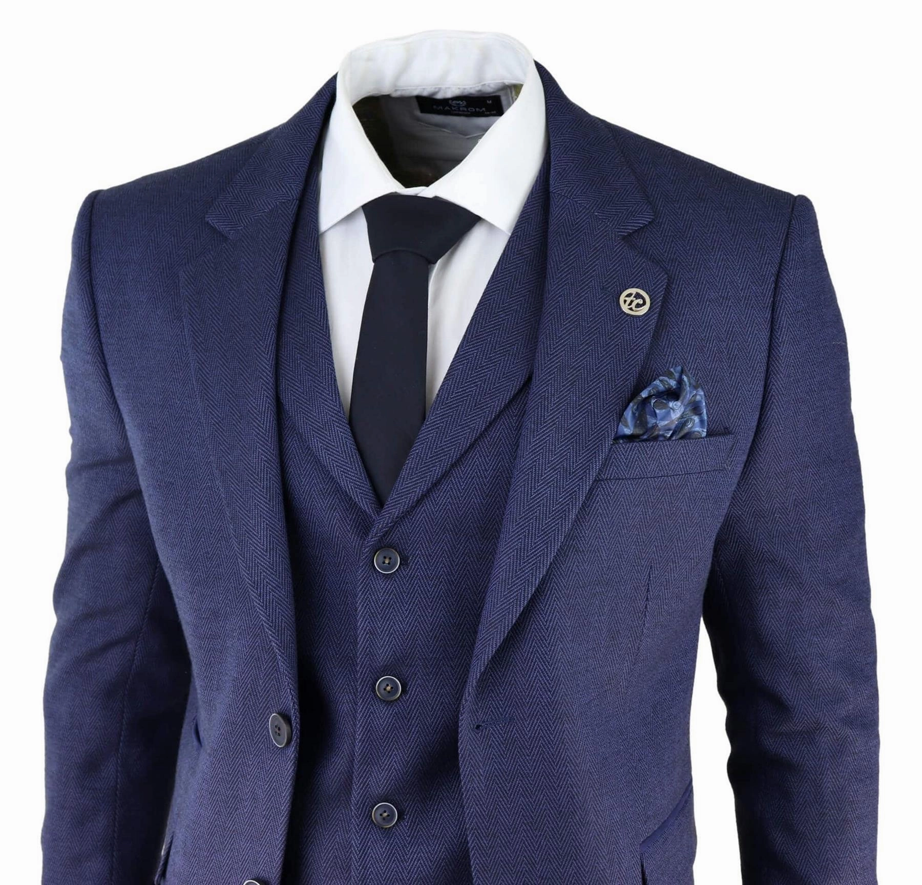 Mens Navy Blue 3 Piece Tweed Herringbone Suit Peaky Blinders Classic Tailored
