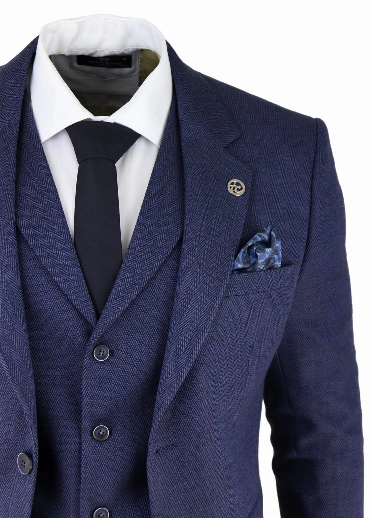 Mens Navy Blue 3 Piece Tweed Herringbone Suit Peaky Blinders Classic Tailored