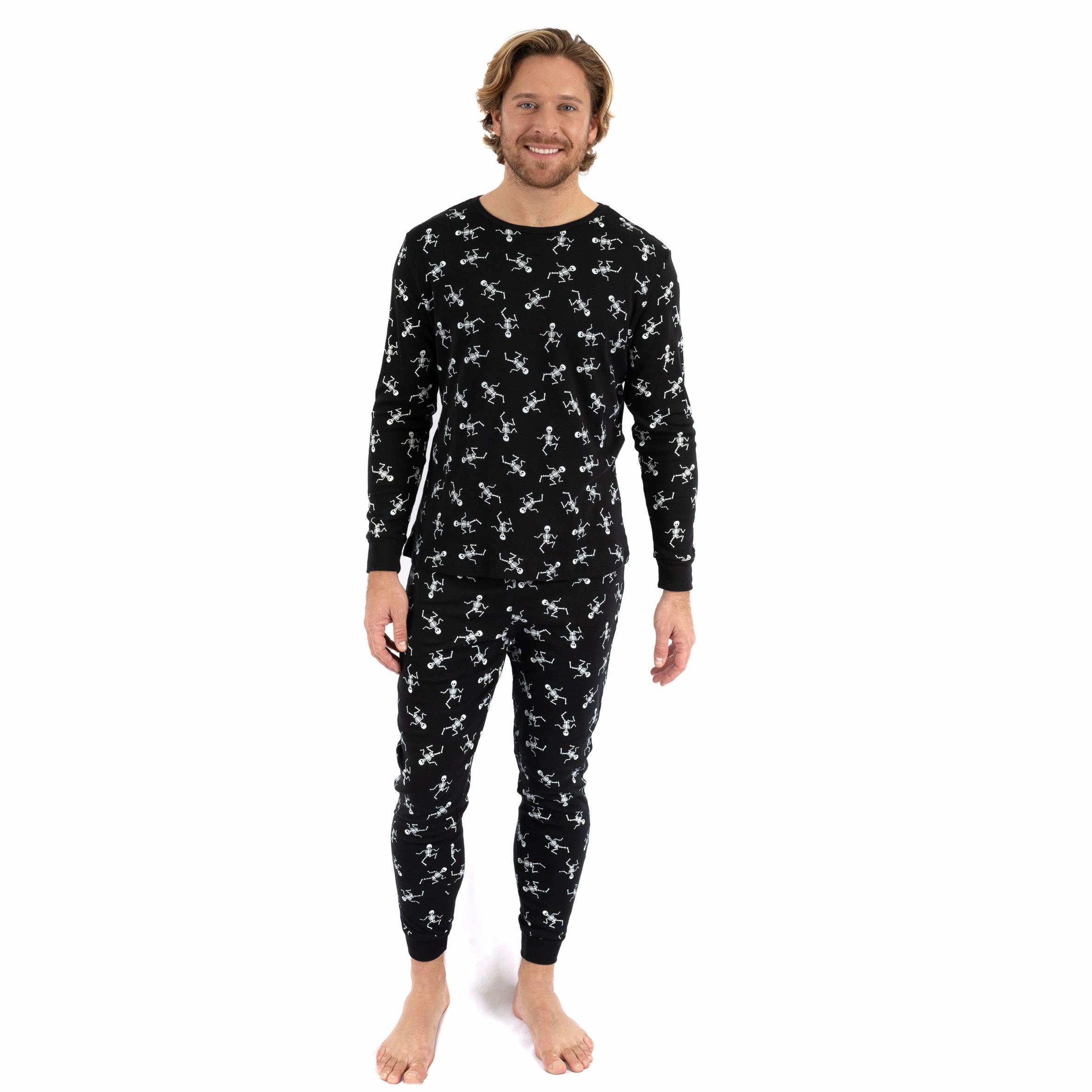Mens Two Piece Cotton Pajamas Skeleton Black