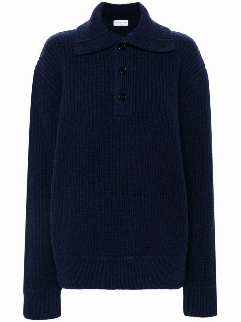 Midnight Blue Virgin Wool Ribbed Knit Polo