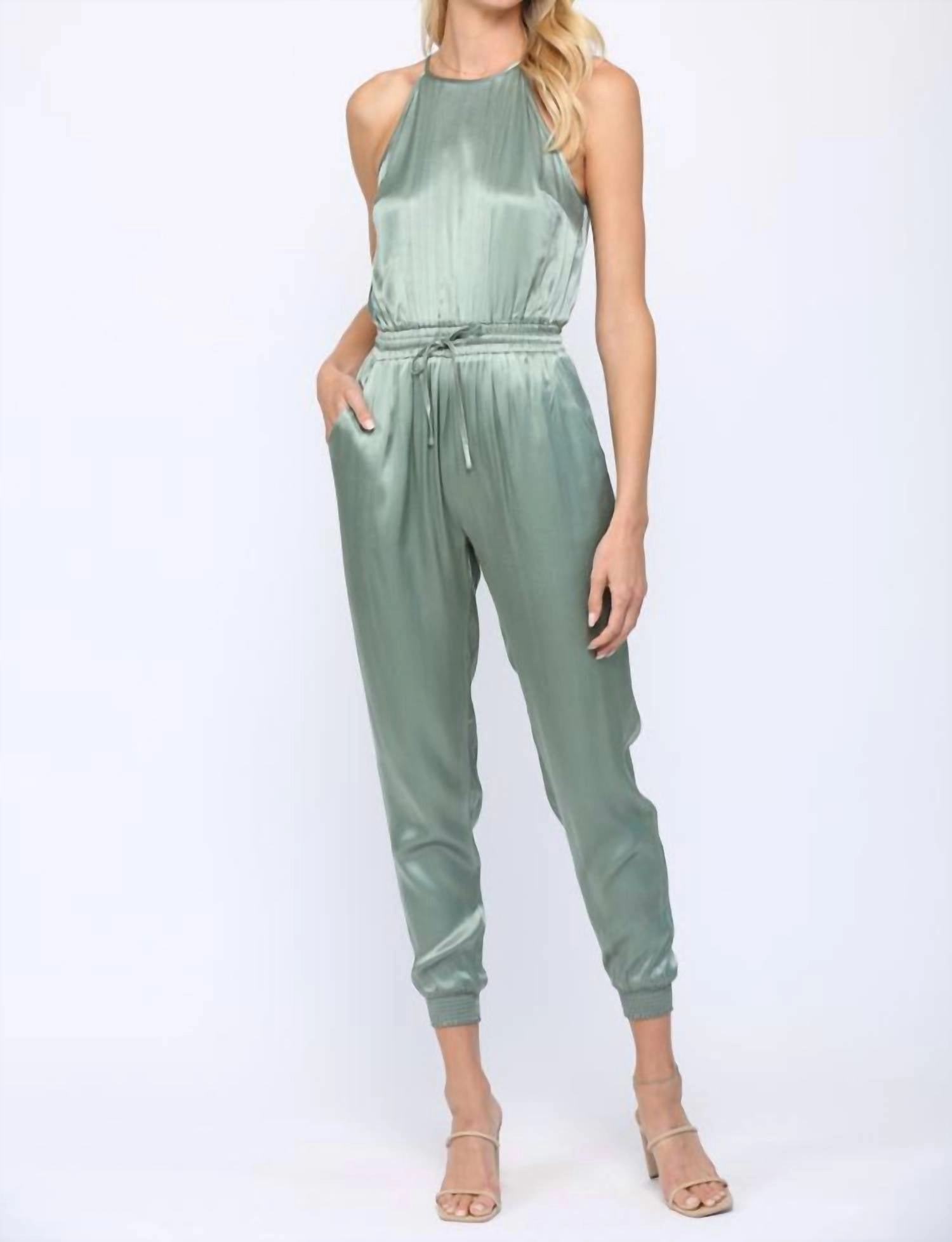 Mint & Mist Halter Top Jumpsuit In Smock Green
