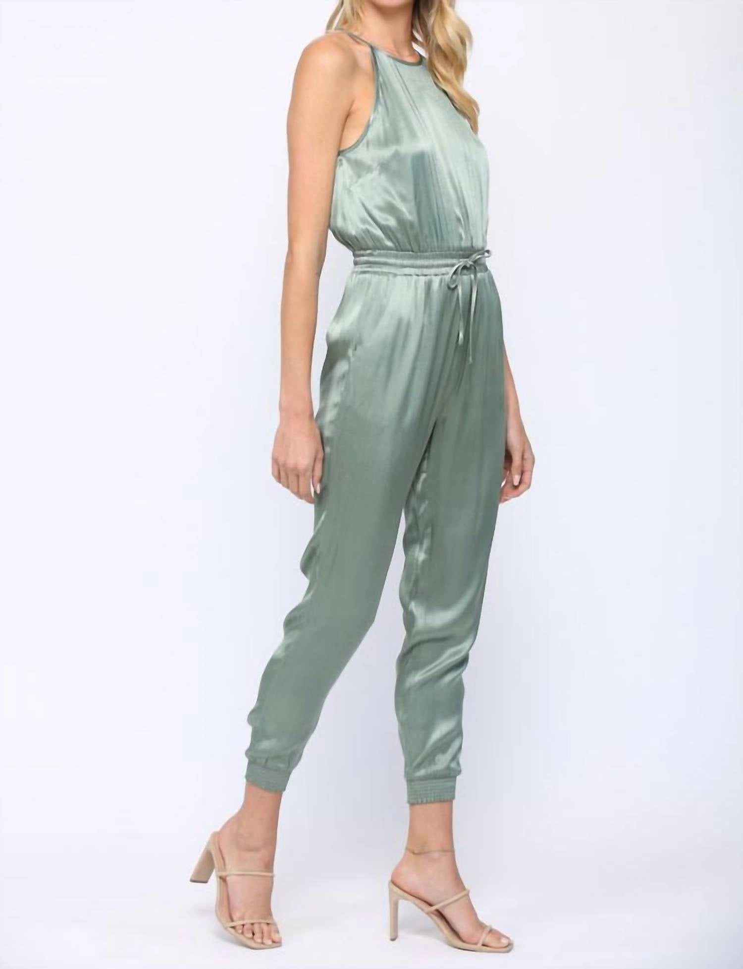 Mint & Mist Halter Top Jumpsuit In Smock Green