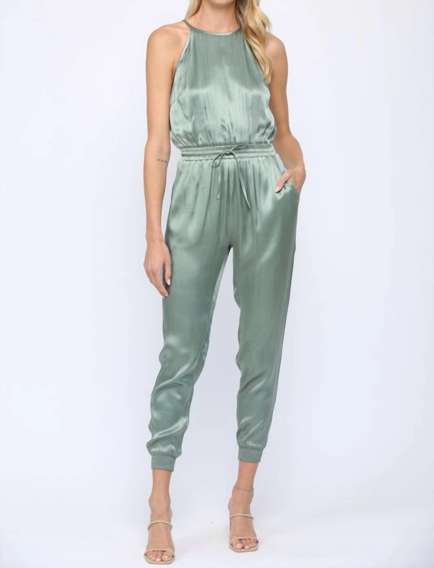 Mint & Mist Halter Top Jumpsuit In Smock Green