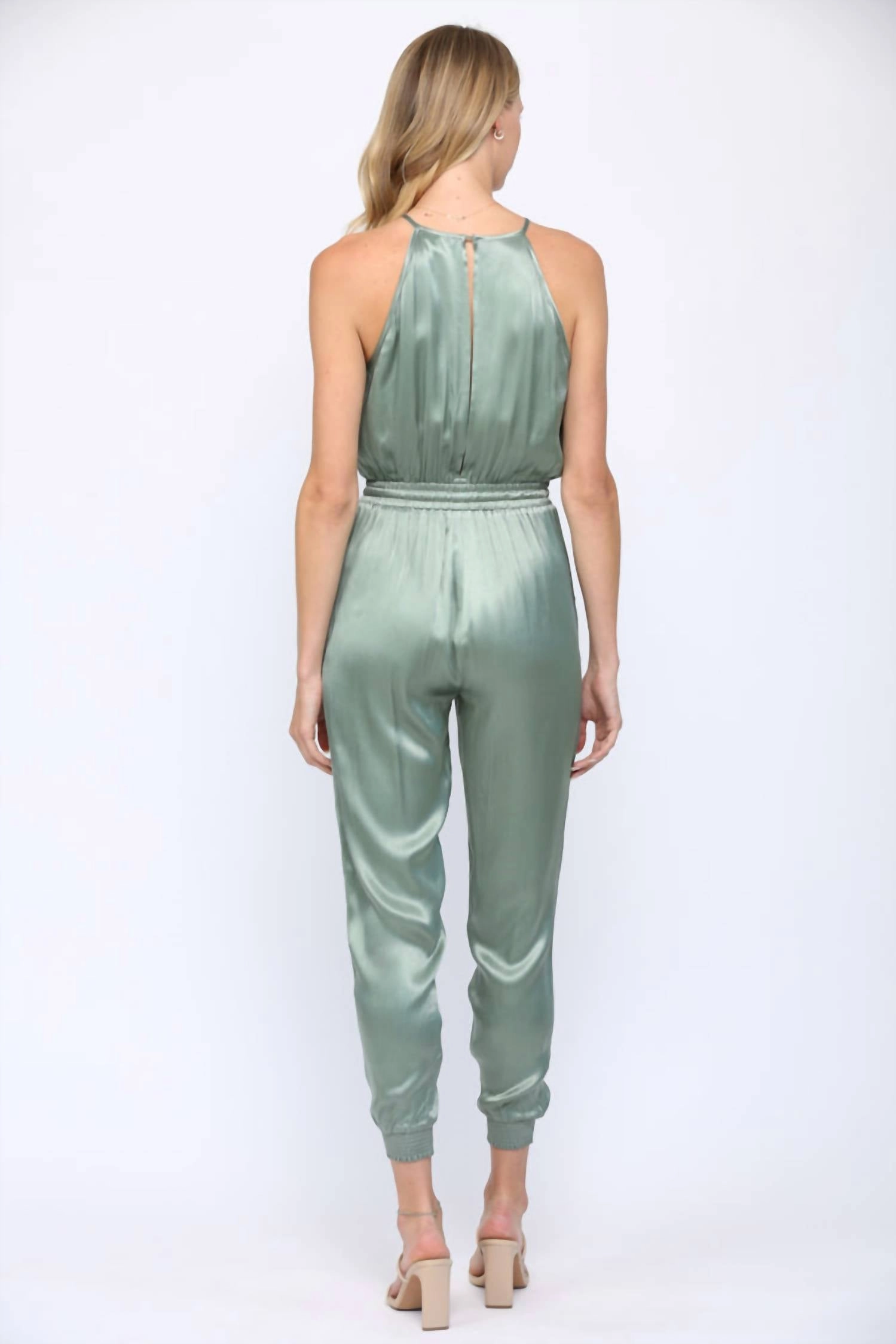 Mint & Mist Halter Top Jumpsuit In Smock Green