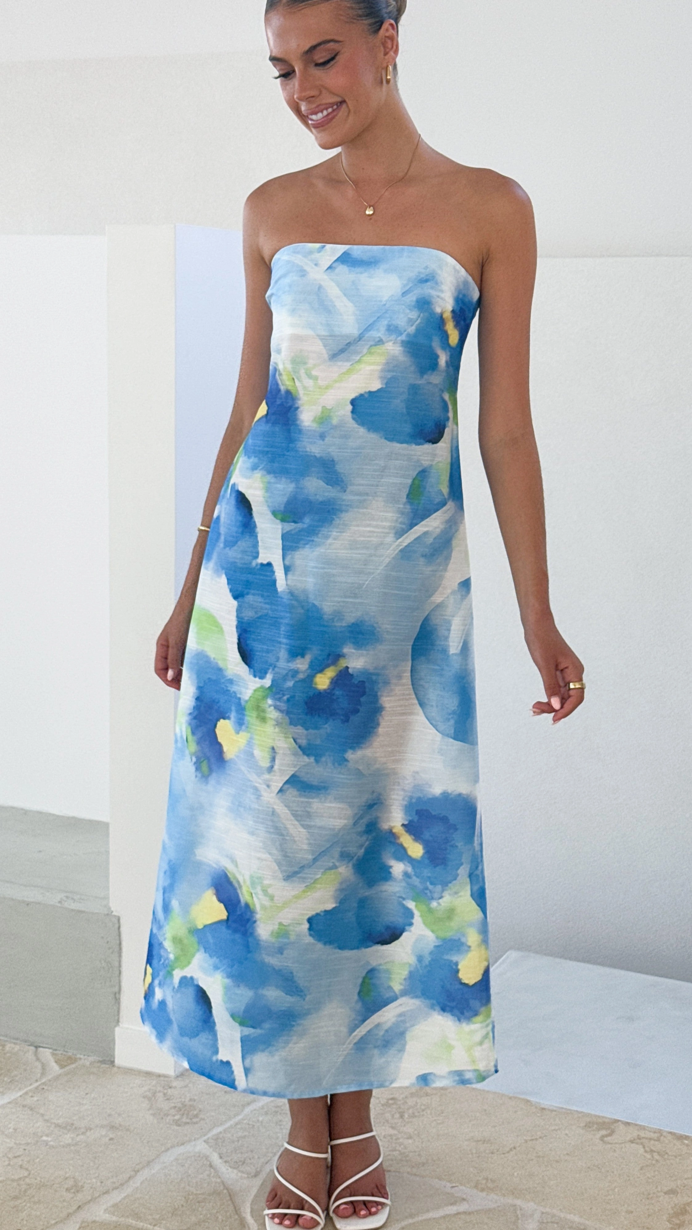 Nora Strapless Maxi Dress - Blue Floral