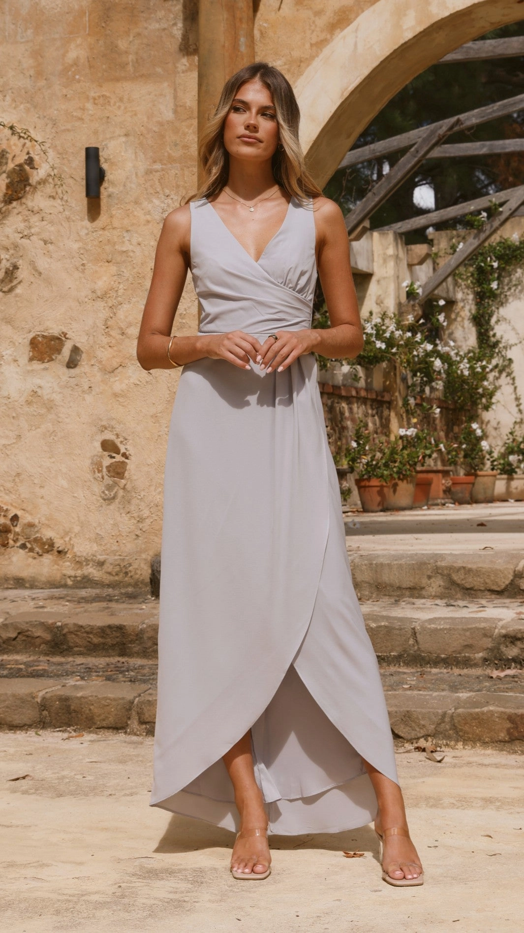 Pamela V Neck Maxi Dress - Light Grey