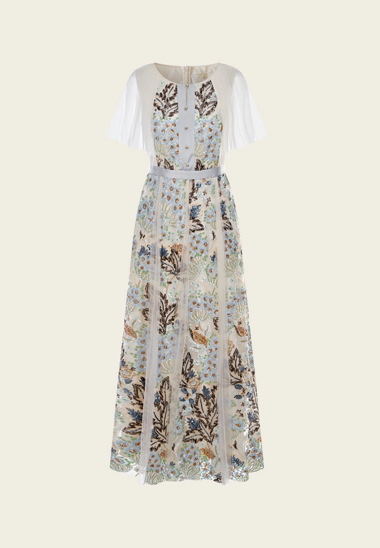 Panelled Cape-detail Embellished Mesh Dress
