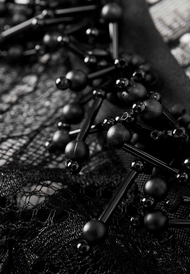 Patched Mesh And Lace Bead Detail Cocktail Dress