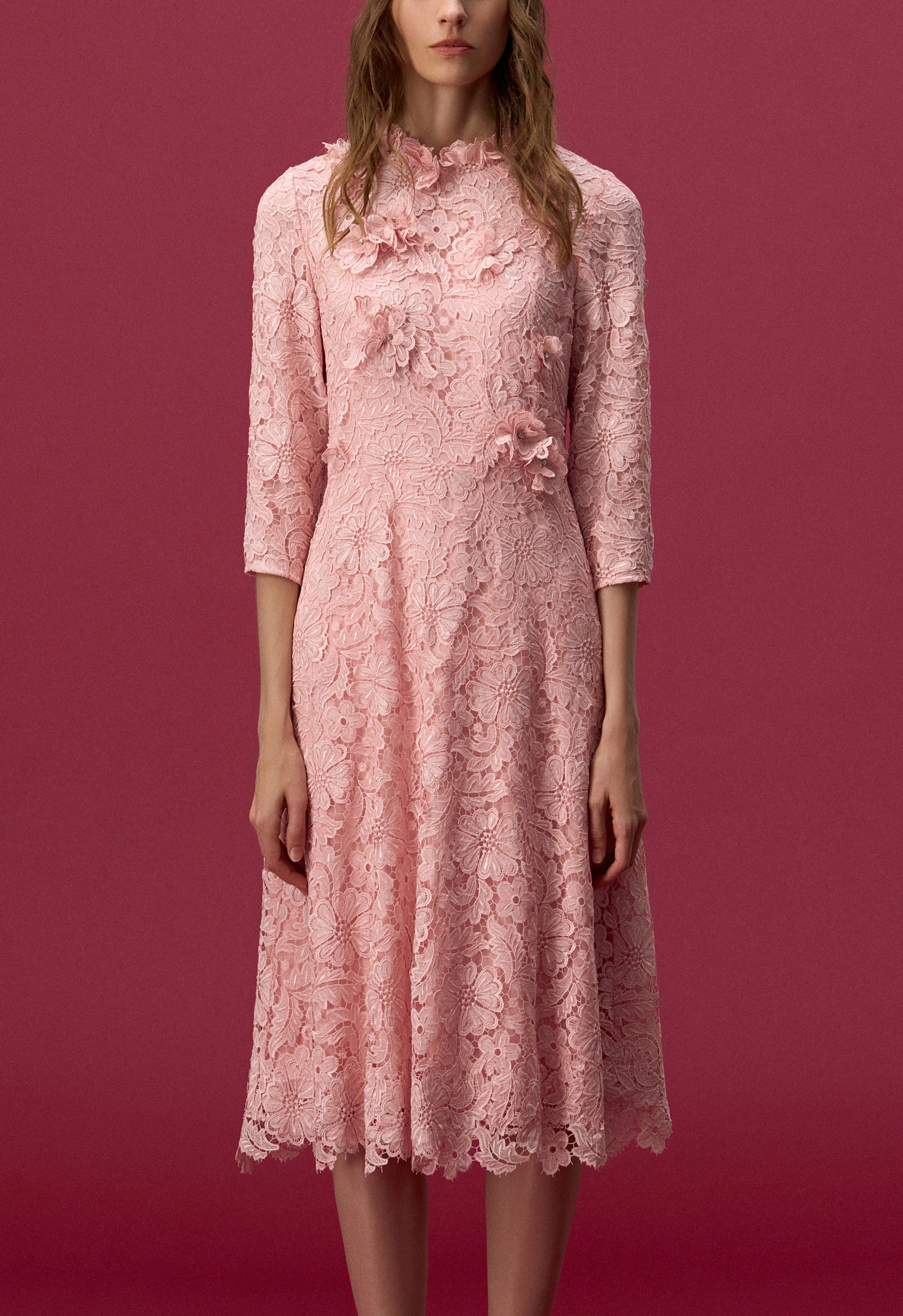Pink Embellished Floral Lace Evening Dress