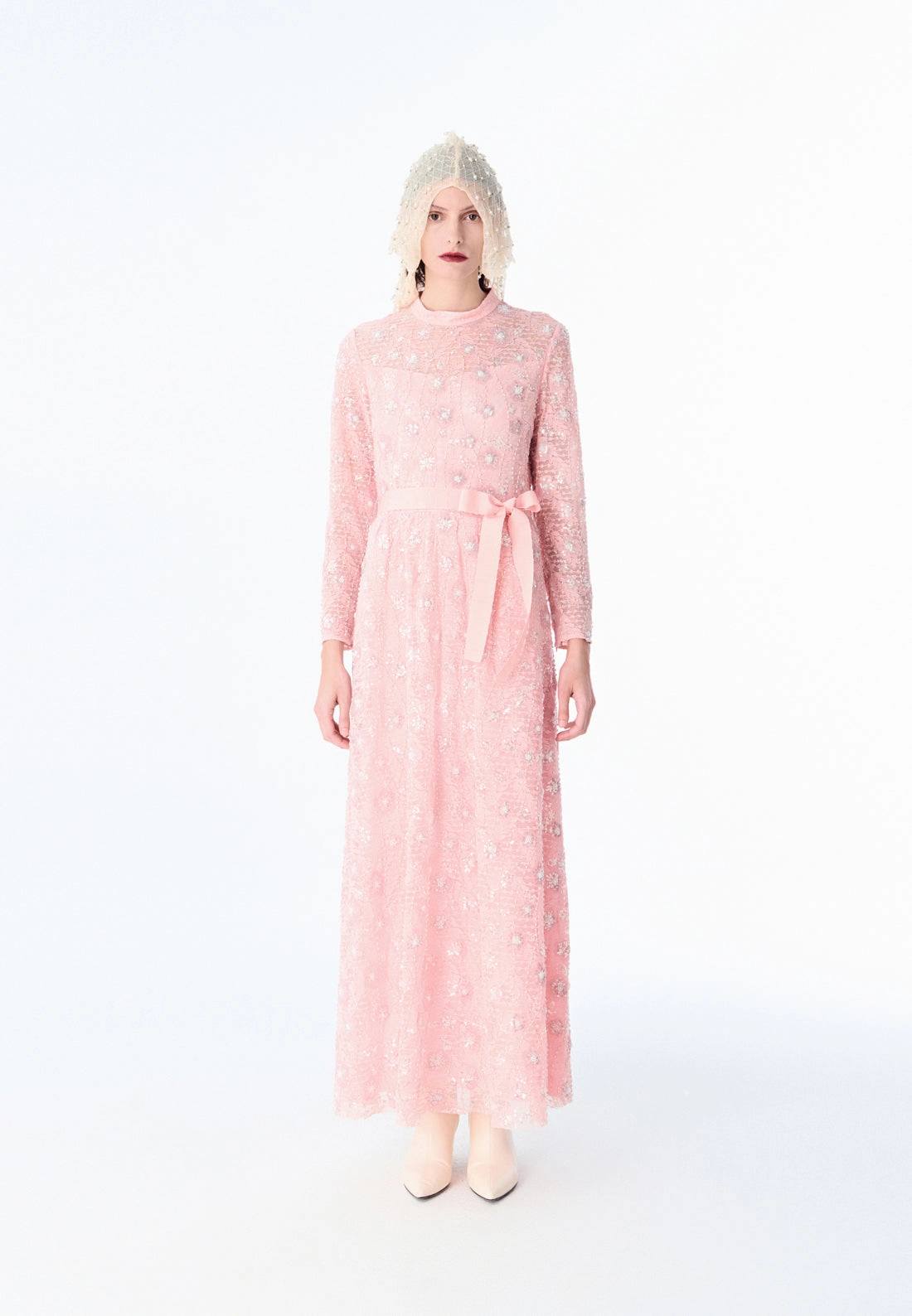 Pink Embroidered Lace Long-sleeved Dinner Dress
