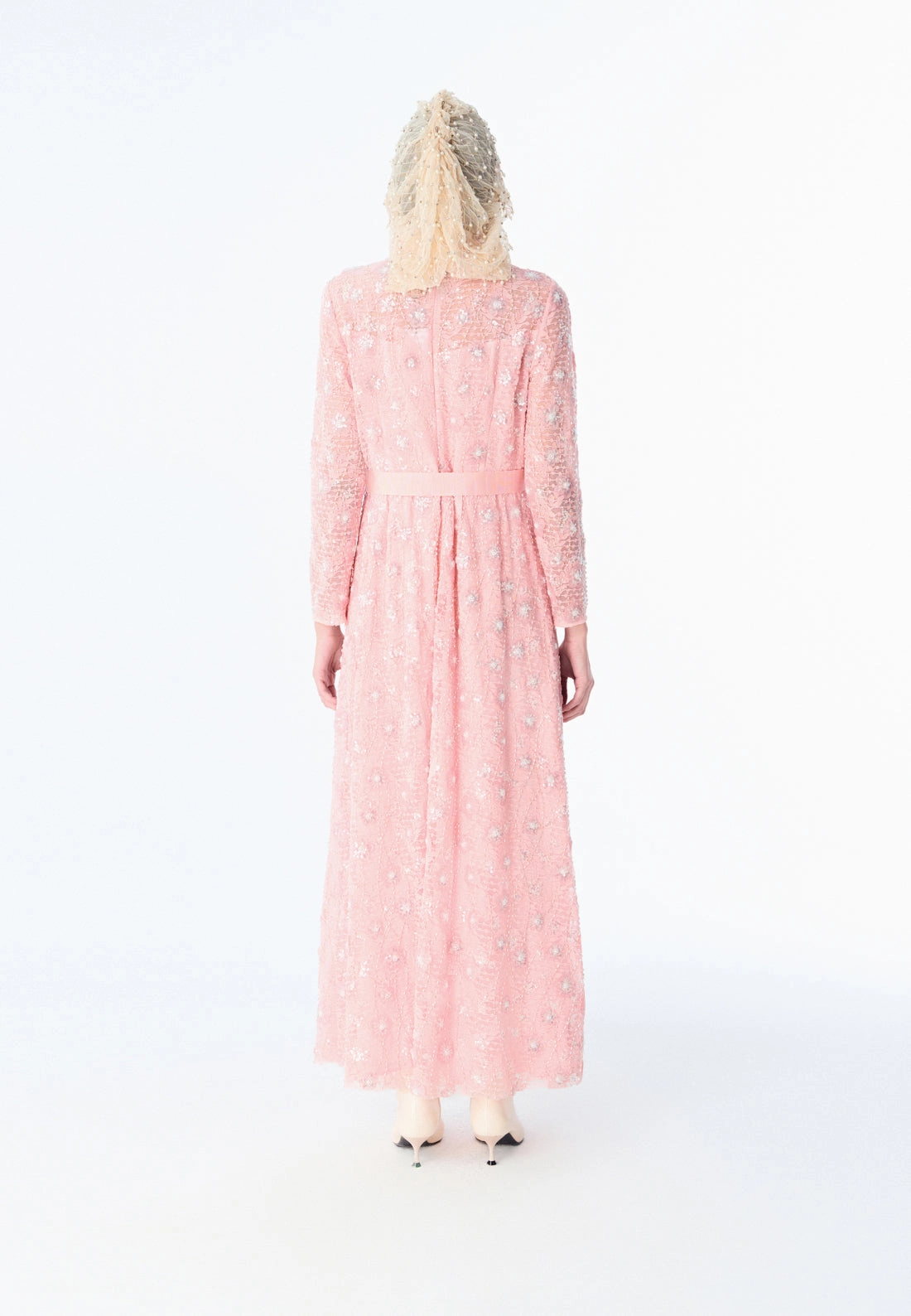 Pink Embroidered Lace Long-sleeved Dinner Dress