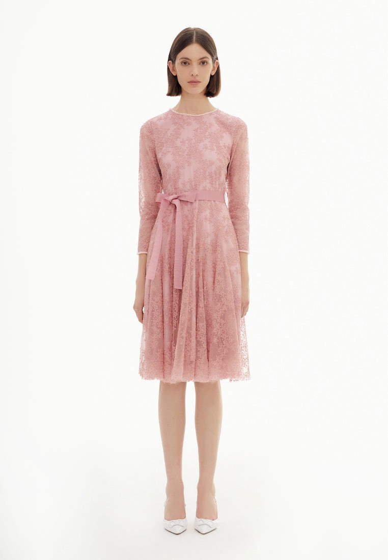Pink Embroidered Mesh Cocktail Dress