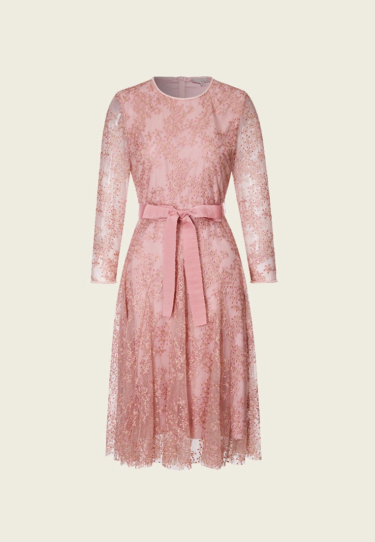 Pink Embroidered Mesh Cocktail Dress