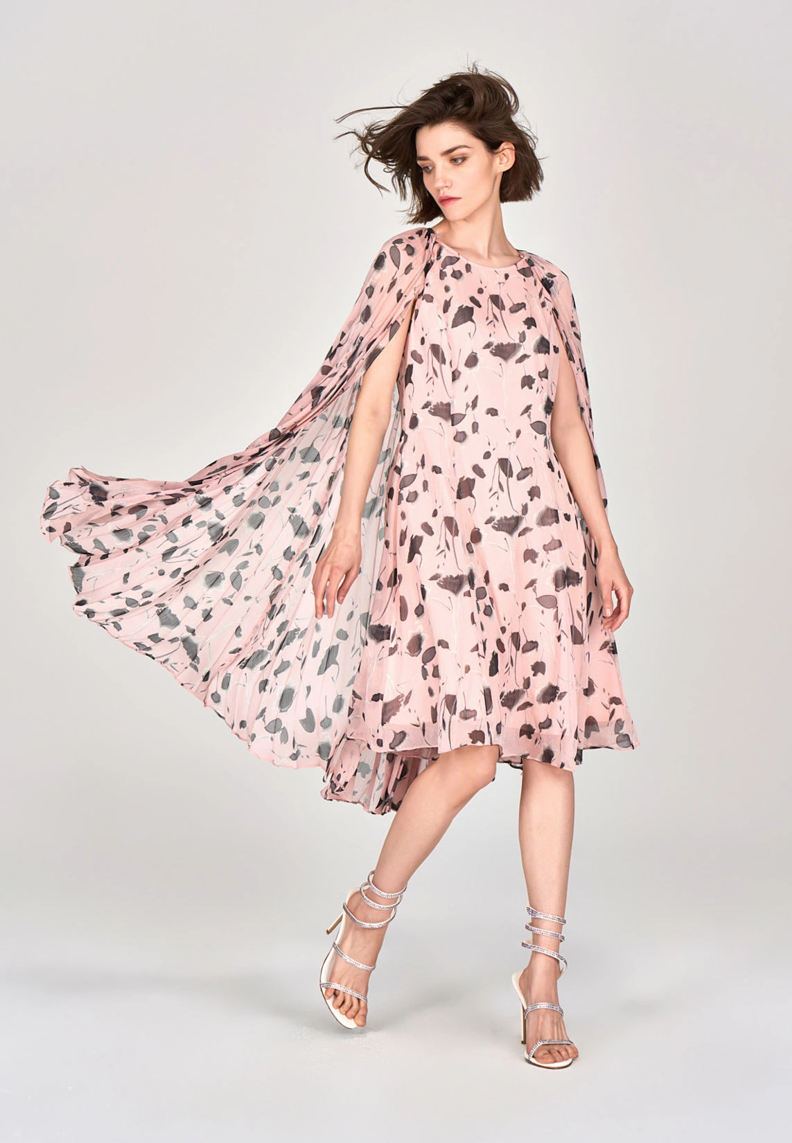 Pink Printed Chiffon Cape Dress